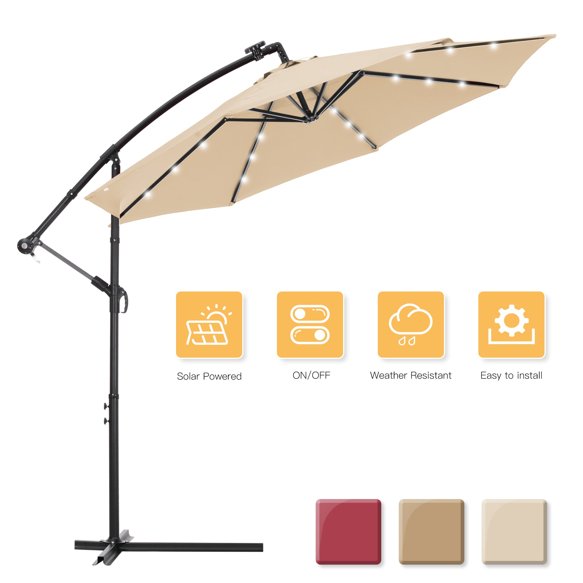 10 FT Solar LED Patio Outdoor Umbrella Hanging Cantilever Umbrella Offset Umbrella Easy Open Adustment with 24 LED Lights - tan-Boyel Living
