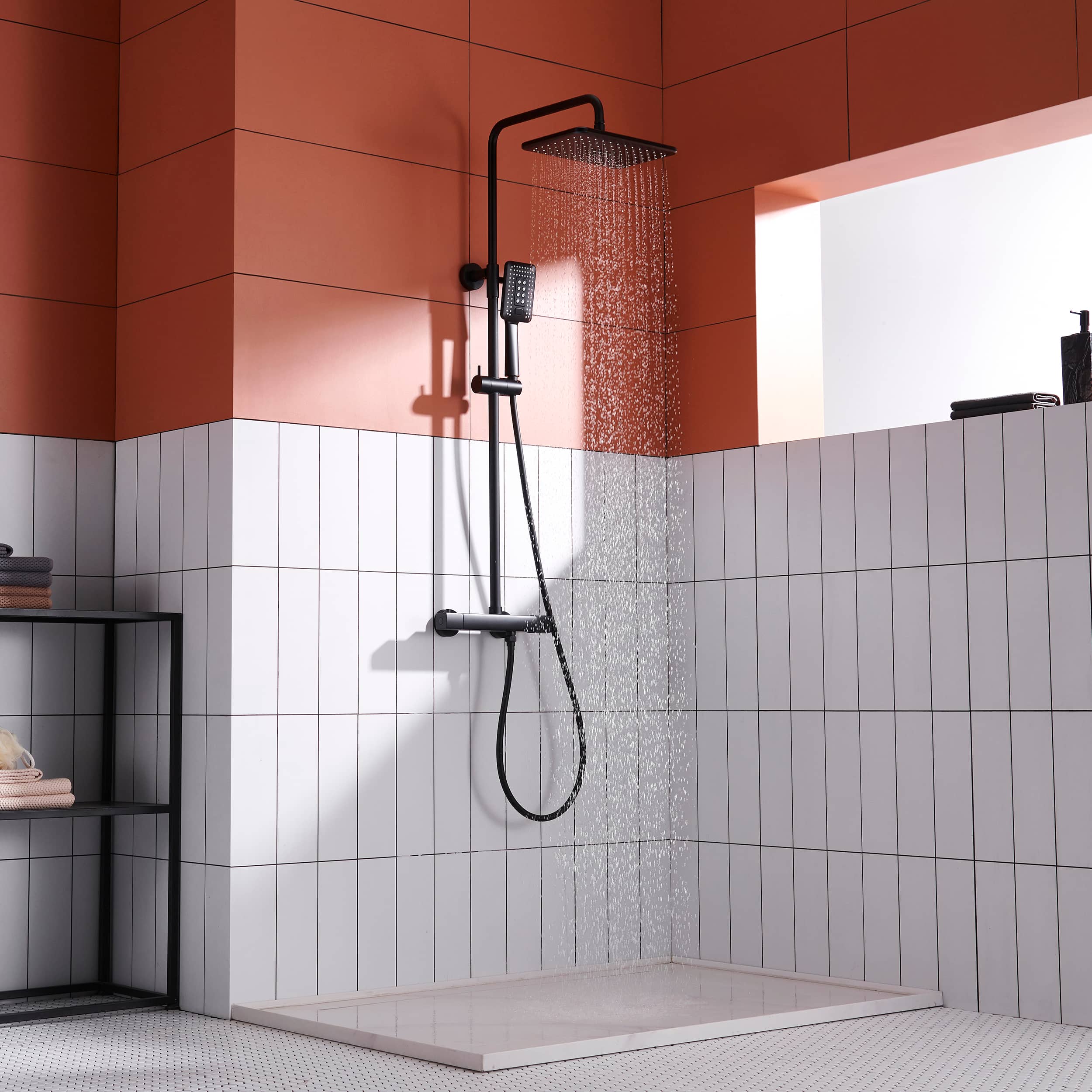 2 Function Wall Mount Rectangular Thermostatic Rain Shower System in Matte Black-Boyel Living