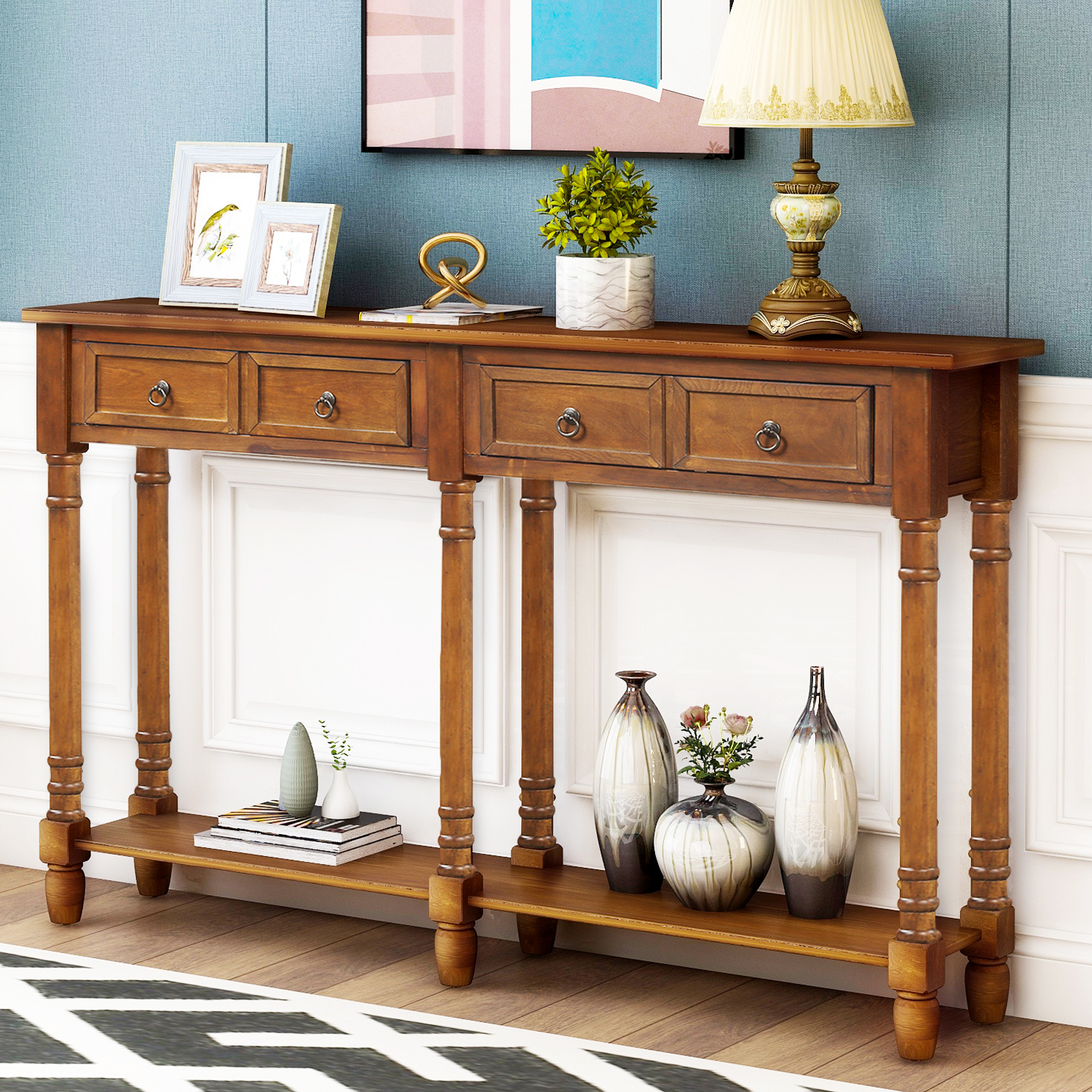 Console Table Sofa Table for Entryway with Drawers and Long Shelf Rectangular (Antique Walnut)-Boyel Living