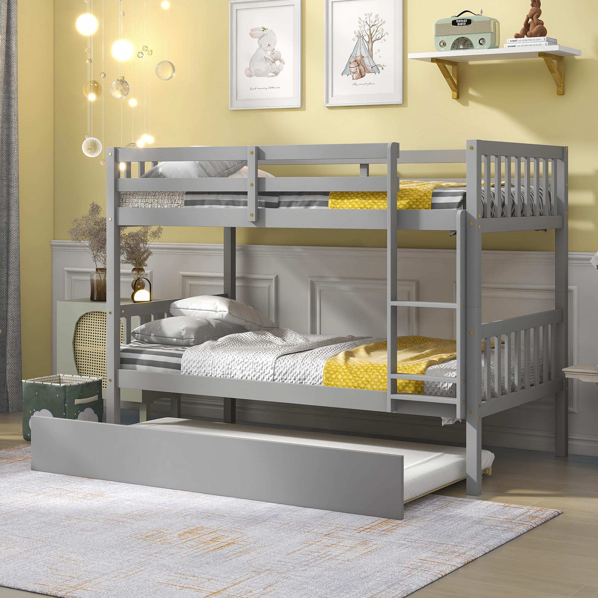 Twin Over Twin Bunk Beds with Trundle, Solid Wood Trundle Bed Frame with Safety Rail and Ladder, Kids/Teens Bedroom, Guest Room Furniture, Can Be converted into 2 Beds,Grey-Boyel Living