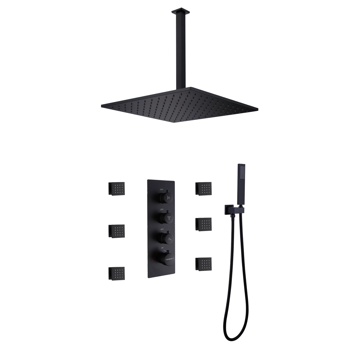 Luxury 12 in. 6 -Jet Thermostatic Mixer Shower System Combo Set Shower Head and Handshower in Matte Black-Boyel Living