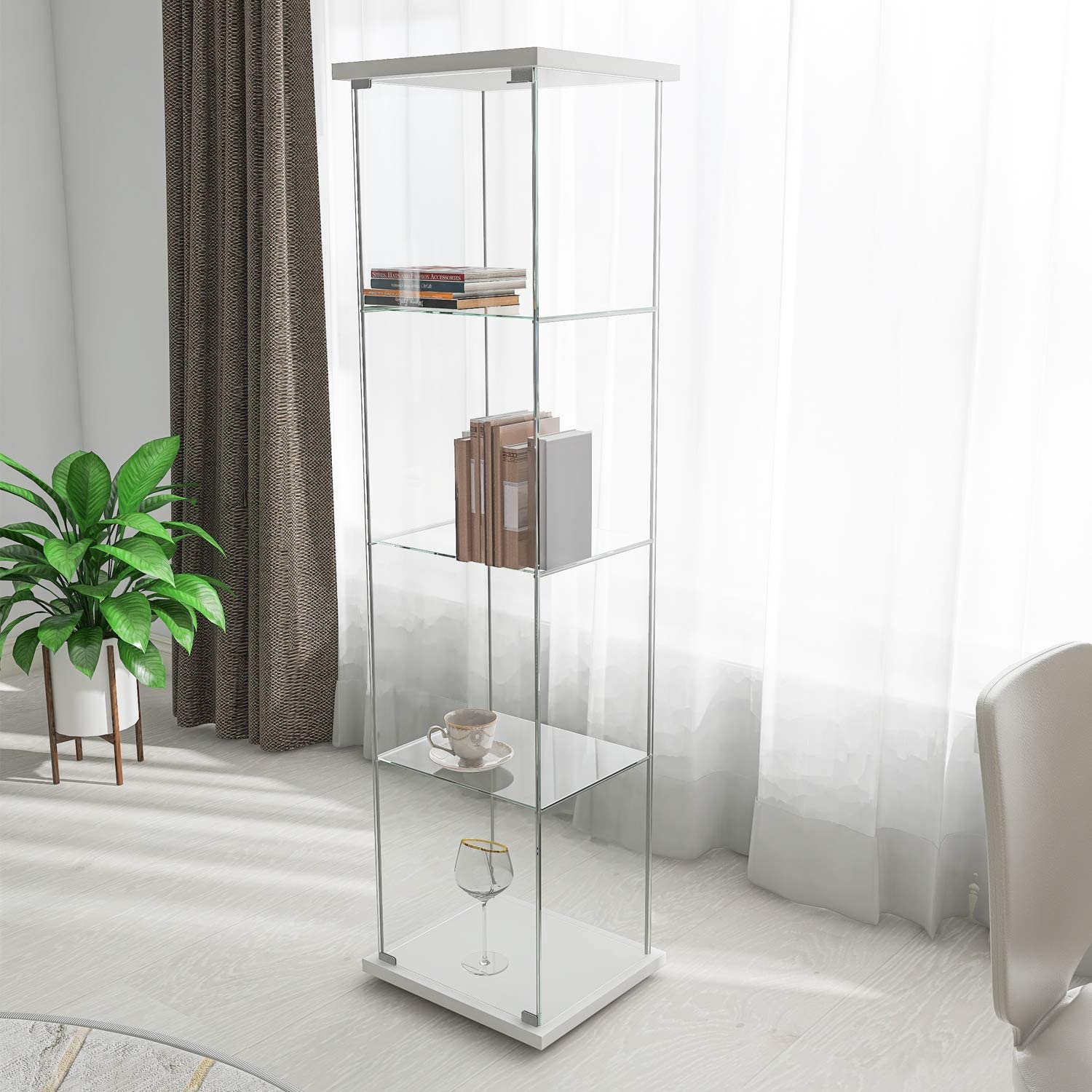 Glass Cabinet-w       Glass Display Cabinet 4 Shelves with Door, Floor Standing Curio Bookshelf for Living Room Bedroom Office, 64&rdquo; x 17&rdquo;x 14.5&rdquo;, White-Boyel Living