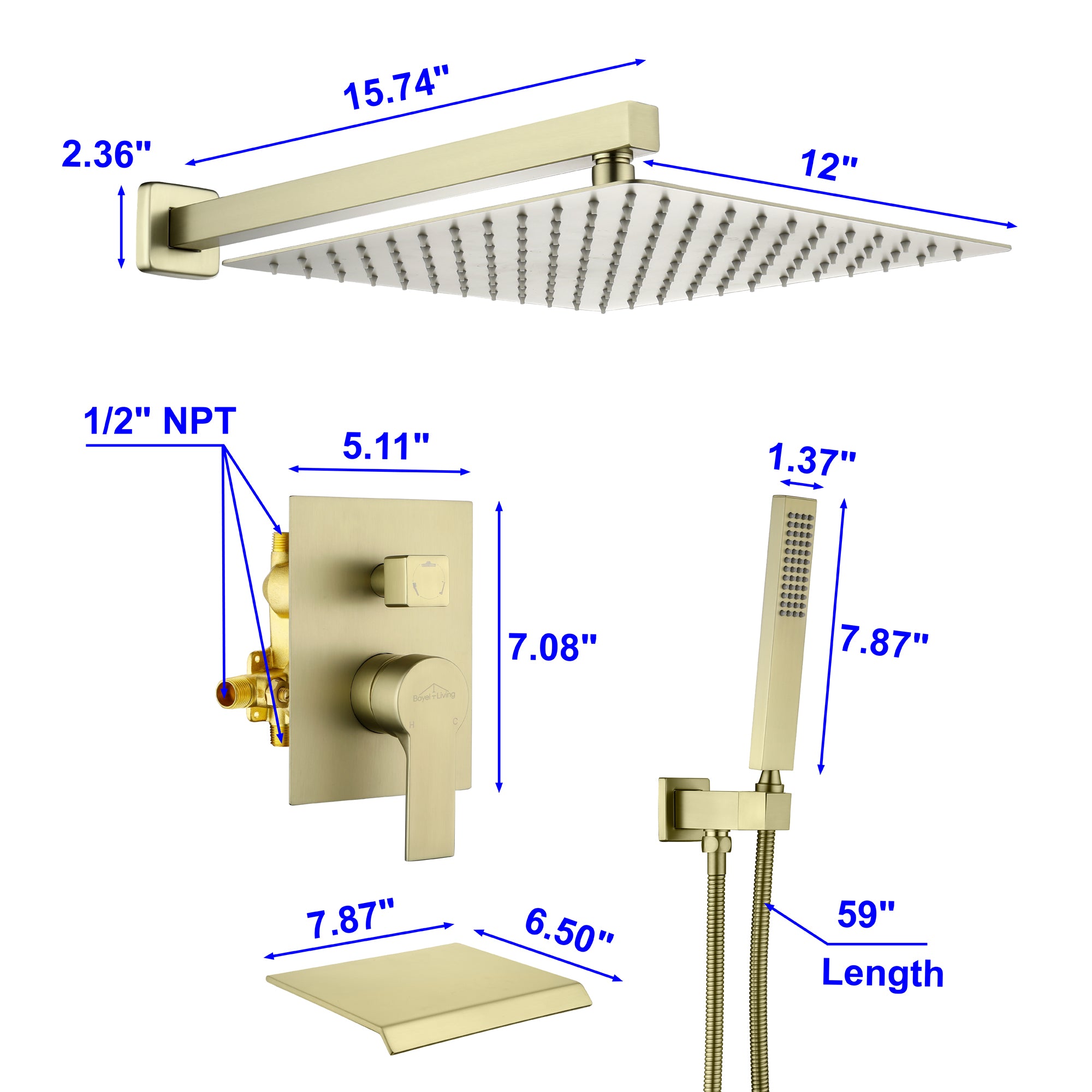 Boyel Living 12 in. Wall Mount Shower Head System Dimensions-Boyel Living