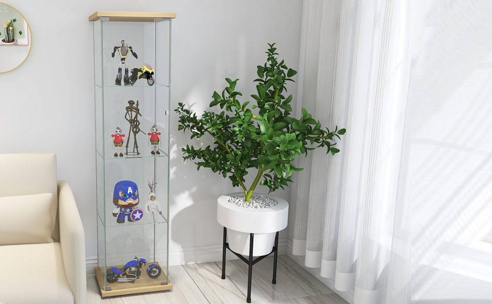 Glass Cabinet    Glass Display Cabinet 4 Shelves with Door, Floor Standing Curio Bookshelf for Living Room Bedroom Office, 64&rdquo; x 17&rdquo;x 14.5&rdquo;, Natural Wood-Boyel Living