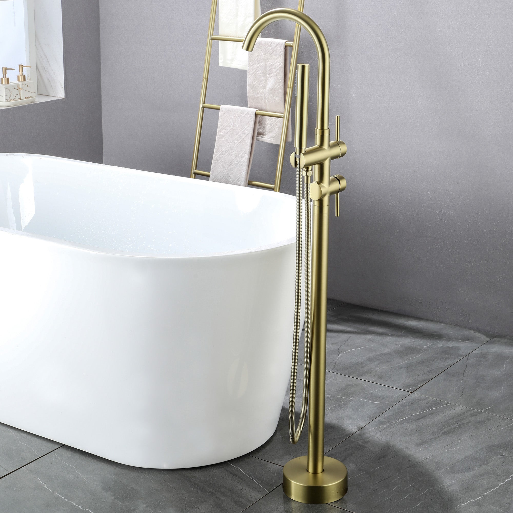 Boyel Living Freestanding Floor Mount 2-Handle Bath Tub Filler Faucet with Handheld Shower-Boyel Living