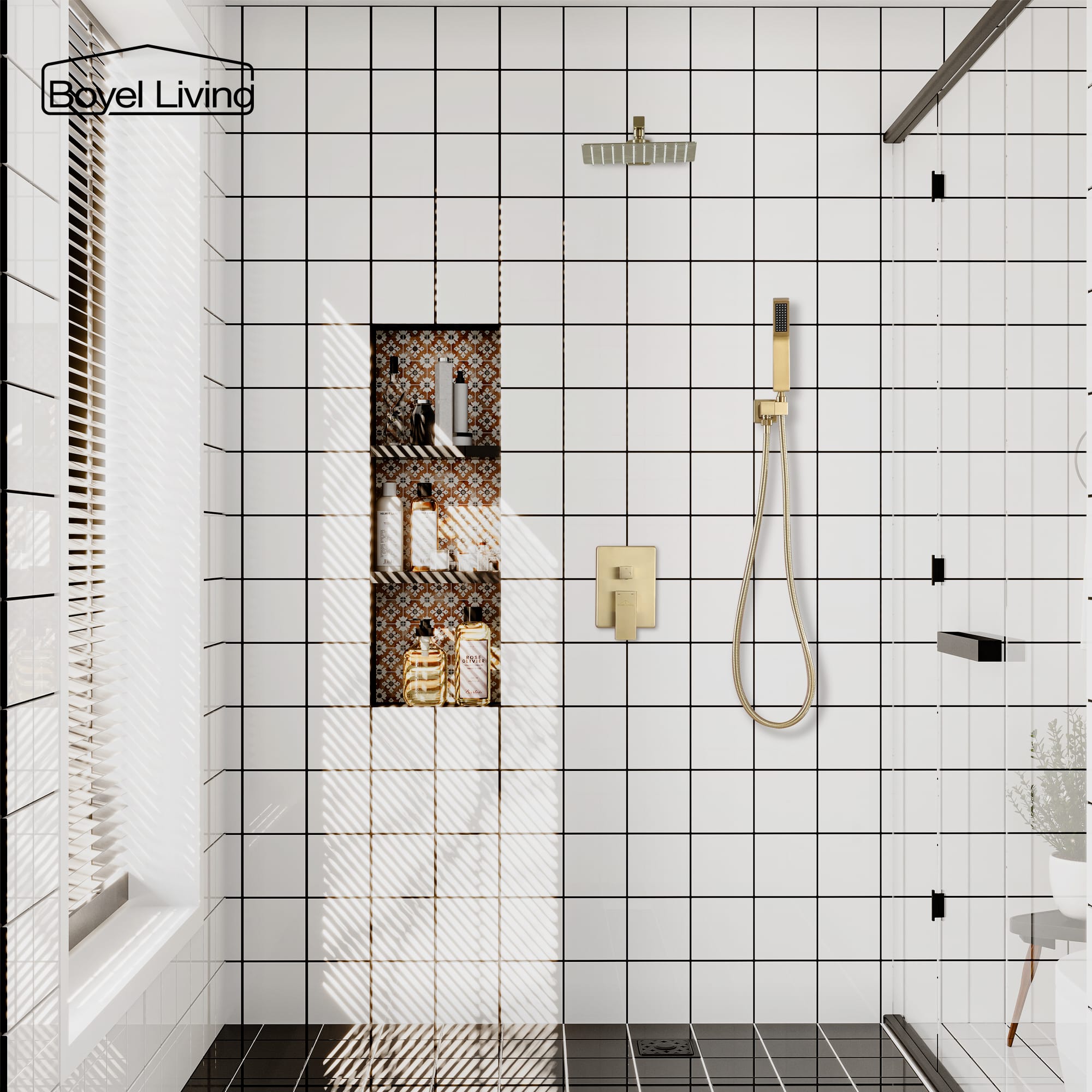 Boyel Living Brushed Gold Wall Mounted Rainfall Shower System with Dual Shower Heads Set-Boyel Living