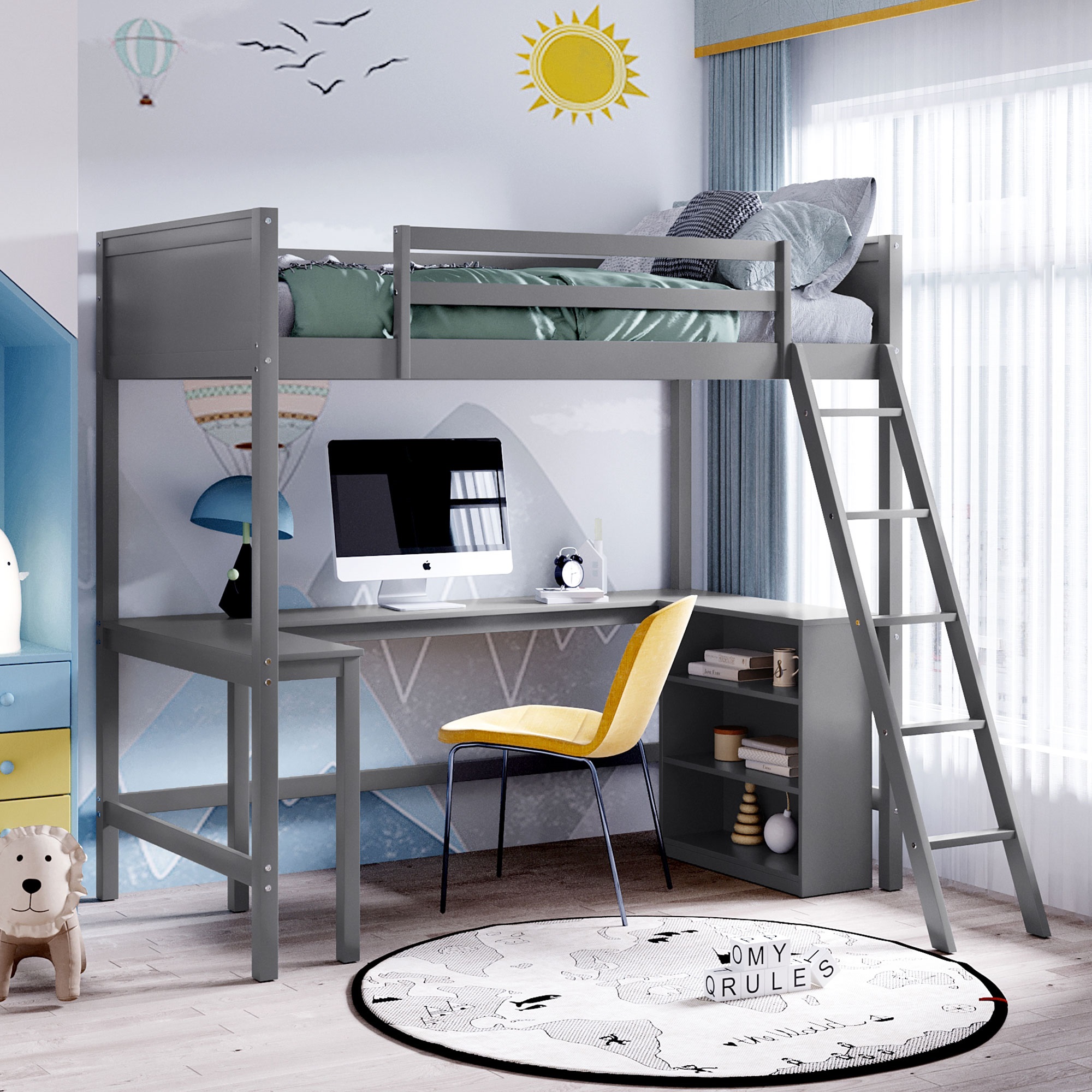 Twin size Loft Bed with Shelves and Desk, Wooden Loft Bed with Desk - Gray-Boyel Living