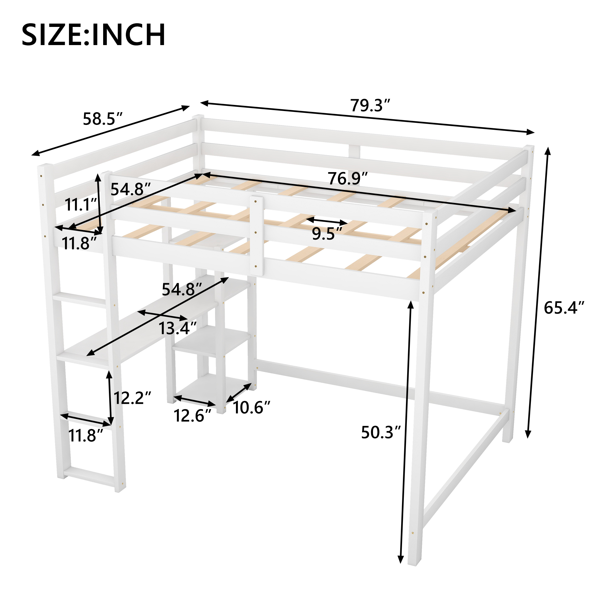 Full Size Loft Bed with Built-in Desk and Shelves,White/Gray