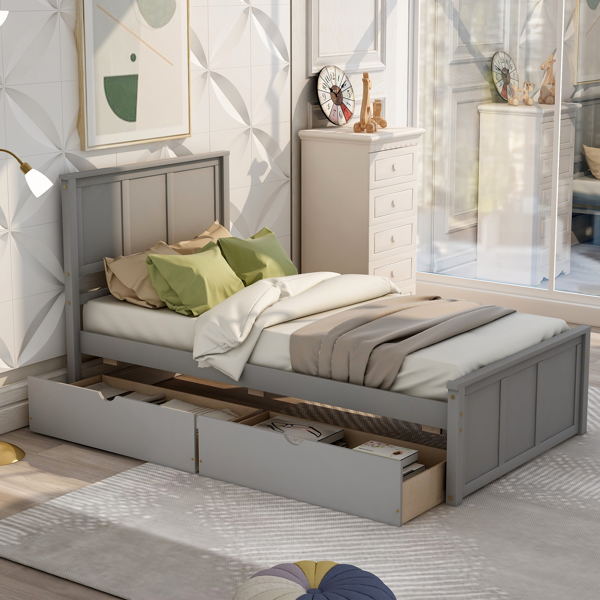 Platform Storage Bed, 2 drawers with wheels, Twin Size Frame, Gray (New SKU: WF283062AAE)-Boyel Living