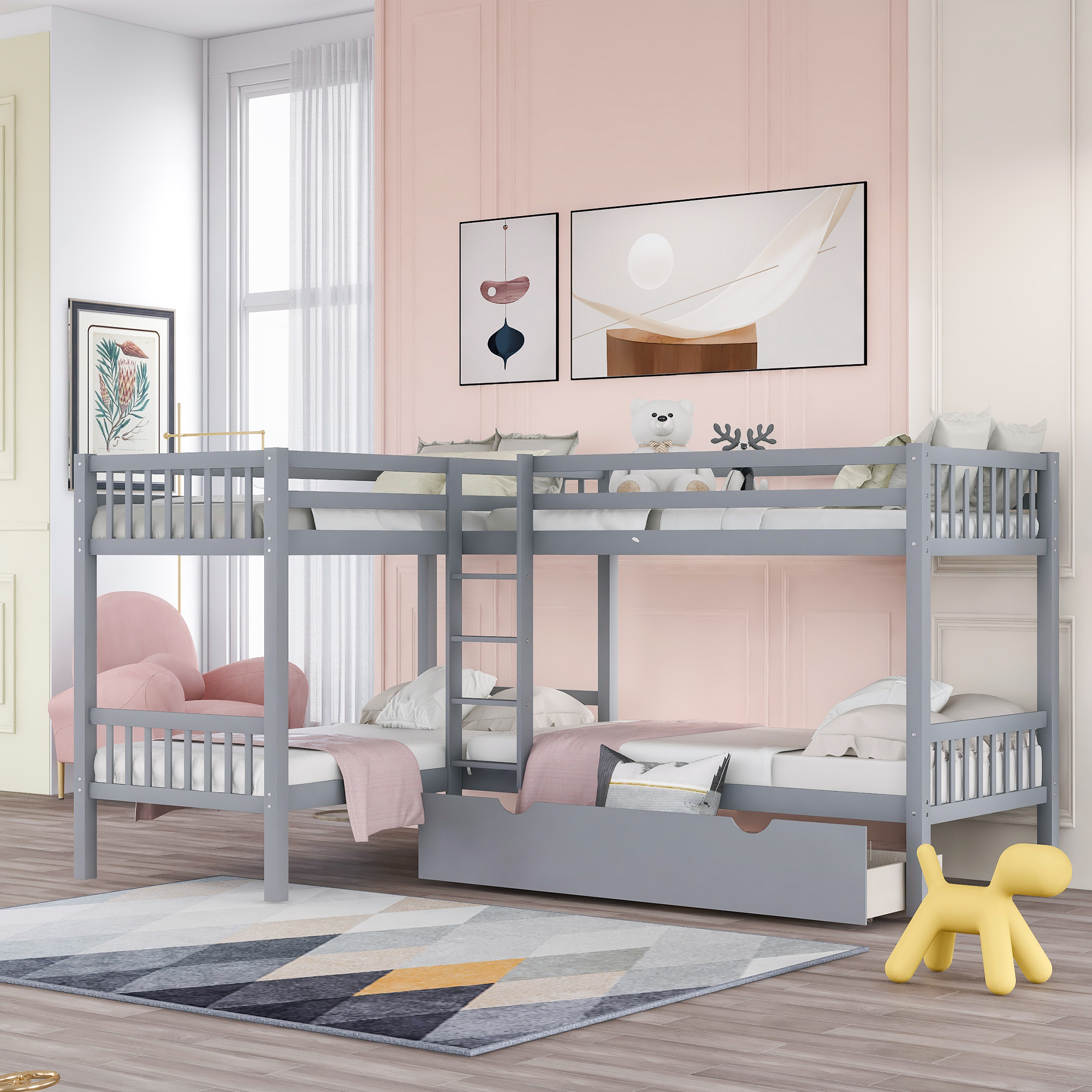 Twin L-Shaped Bunk bed with Drawers-Gray-Boyel Living