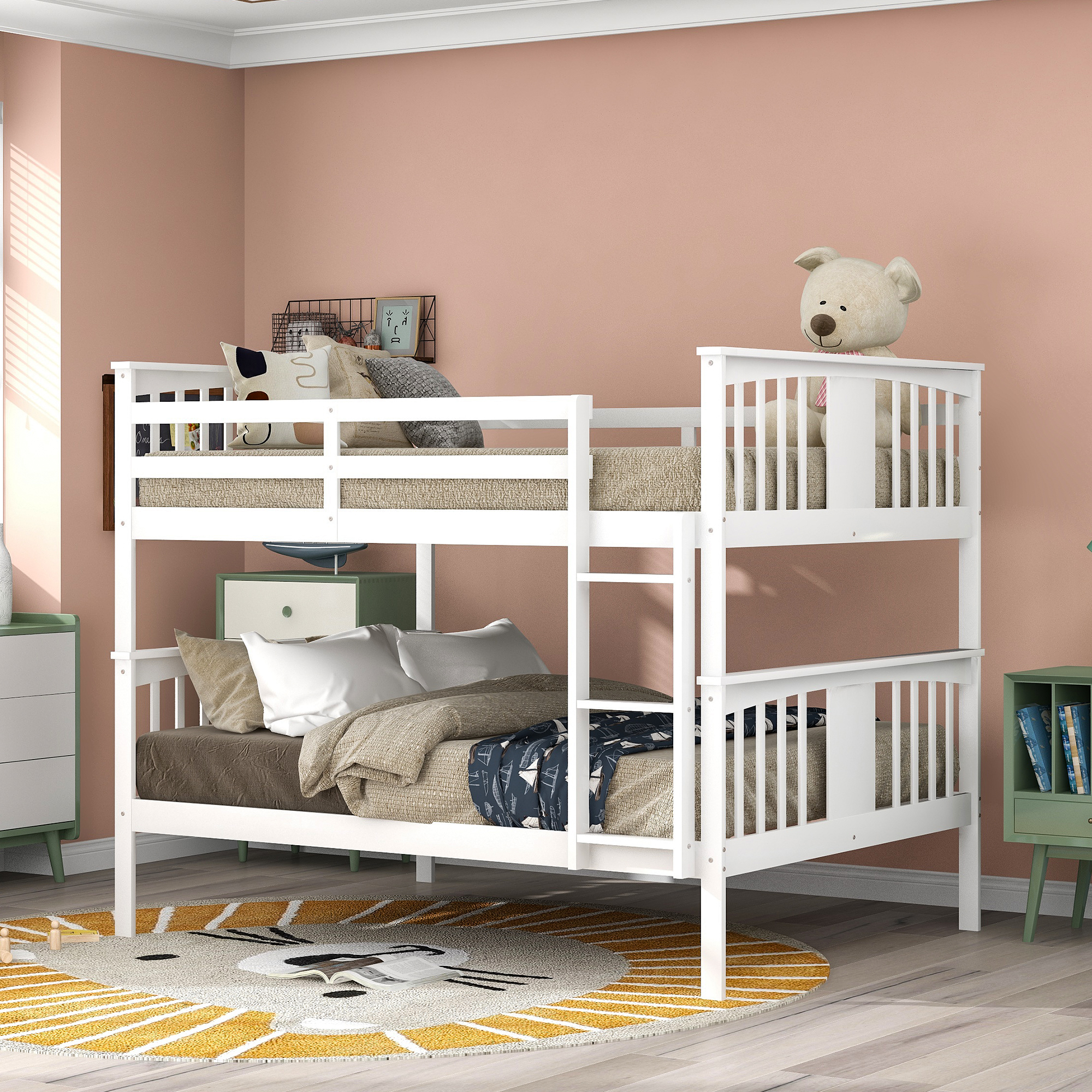 Full over Full Bunk Bed with Ladder for Bedroom, Guest Room Furniture-White(OLD SKU :LP000203AAK)-Boyel Living