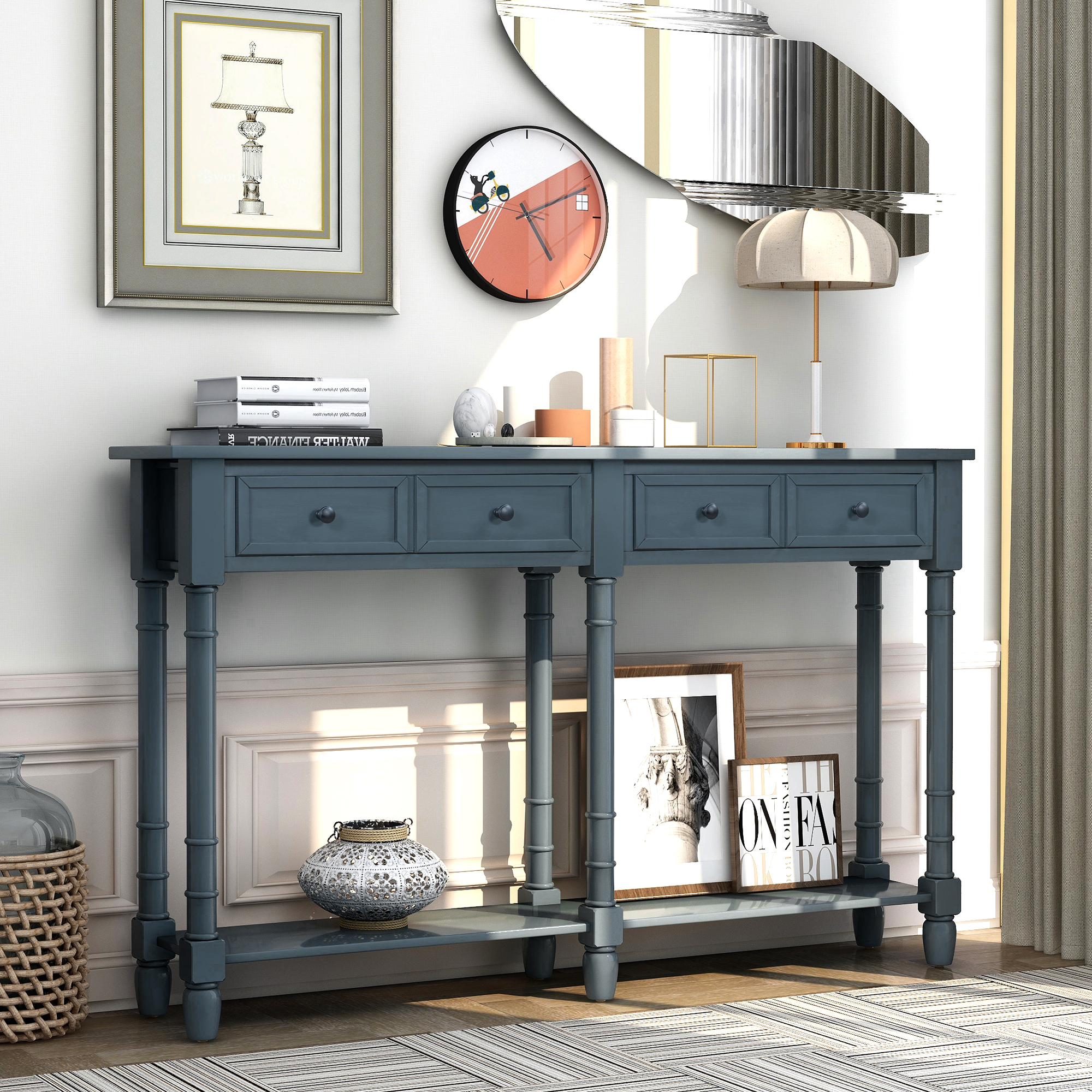 Console Table Sofa Table Easy Assembly with Two Storage Drawers and Bottom Shelf for Living Room, Entryway (Antique Navy)-Boyel Living