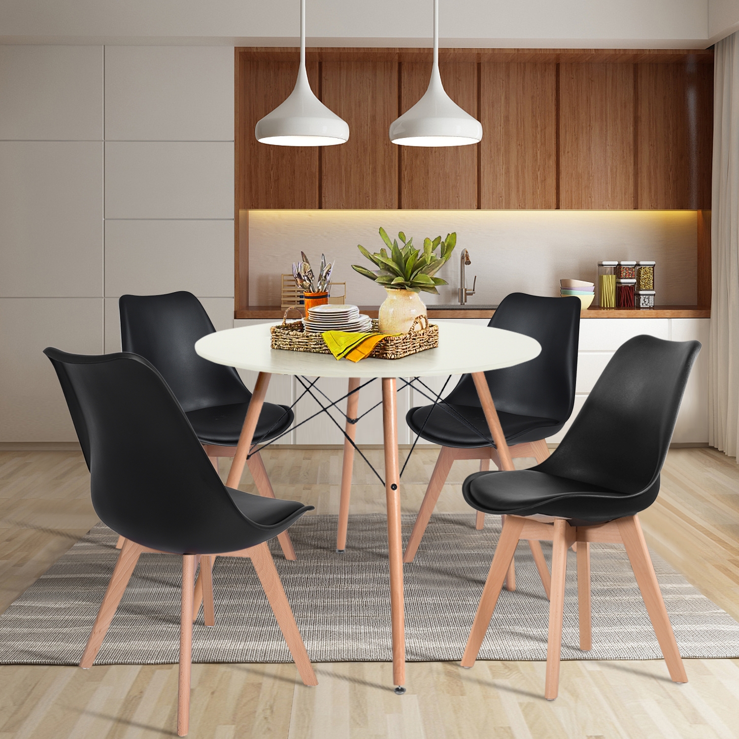 Dining Chairs,Set of 4 Eames Style PU Leather Solid Wood Beech Legs,Black-Boyel Living