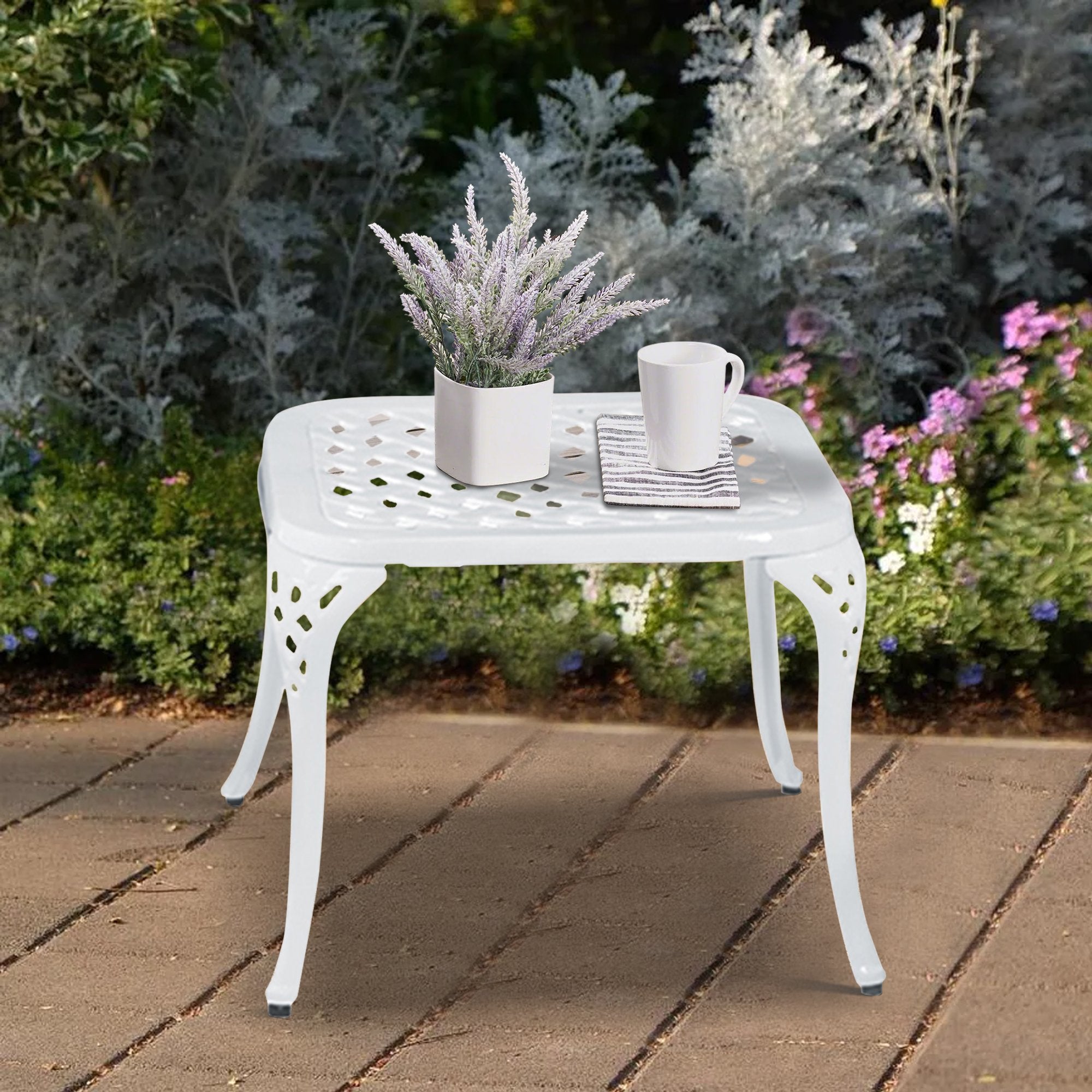 17 in. H Antique White Rectangle Cast Aluminum Outdoor Side Table Patio End Table-Boyel Living