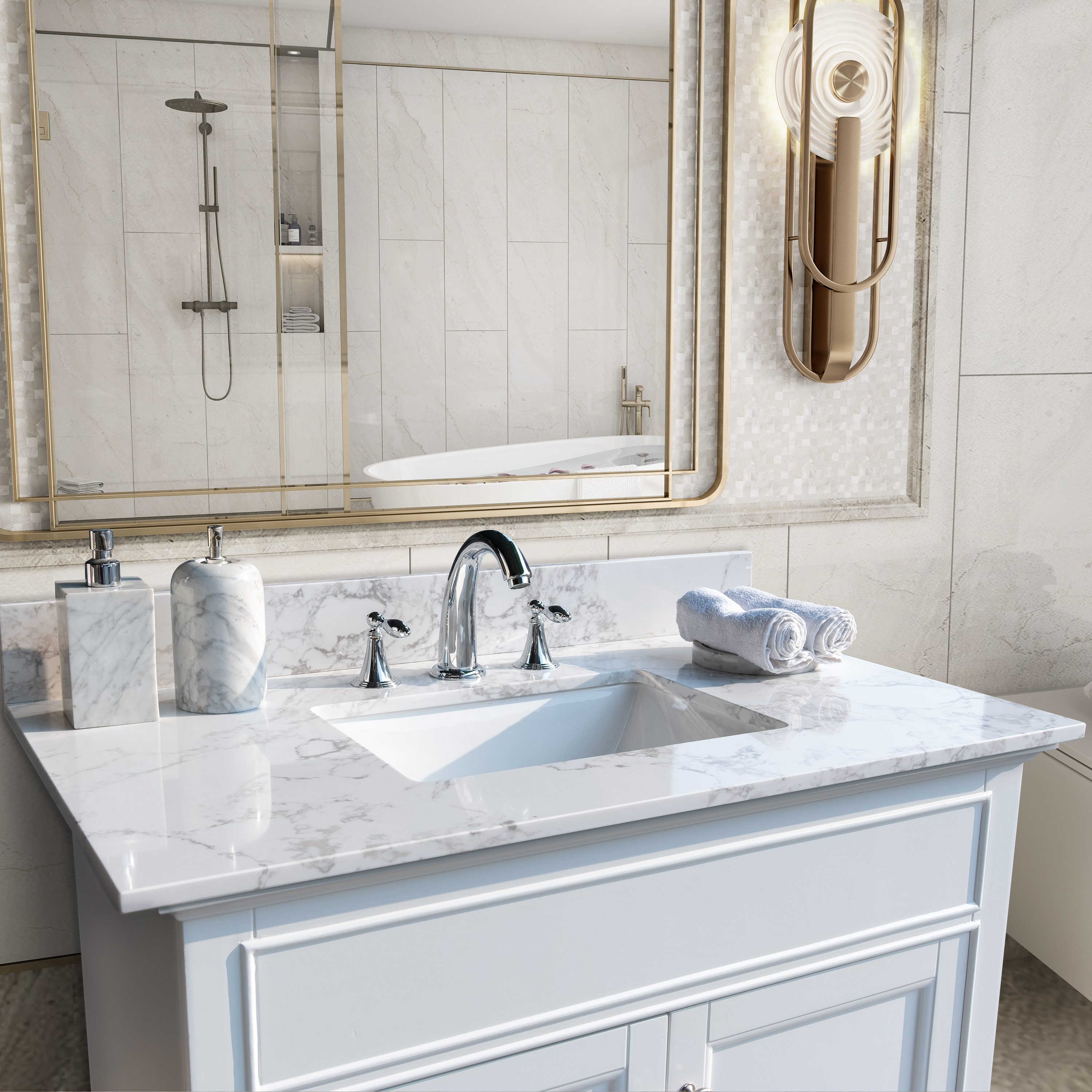 Montary 37inch bathroom vanity top stone carrara white new style tops with rectangle undermount ceramic sink  and back splash with 3 faucet hole  for bathrom cabinet-Boyel Living