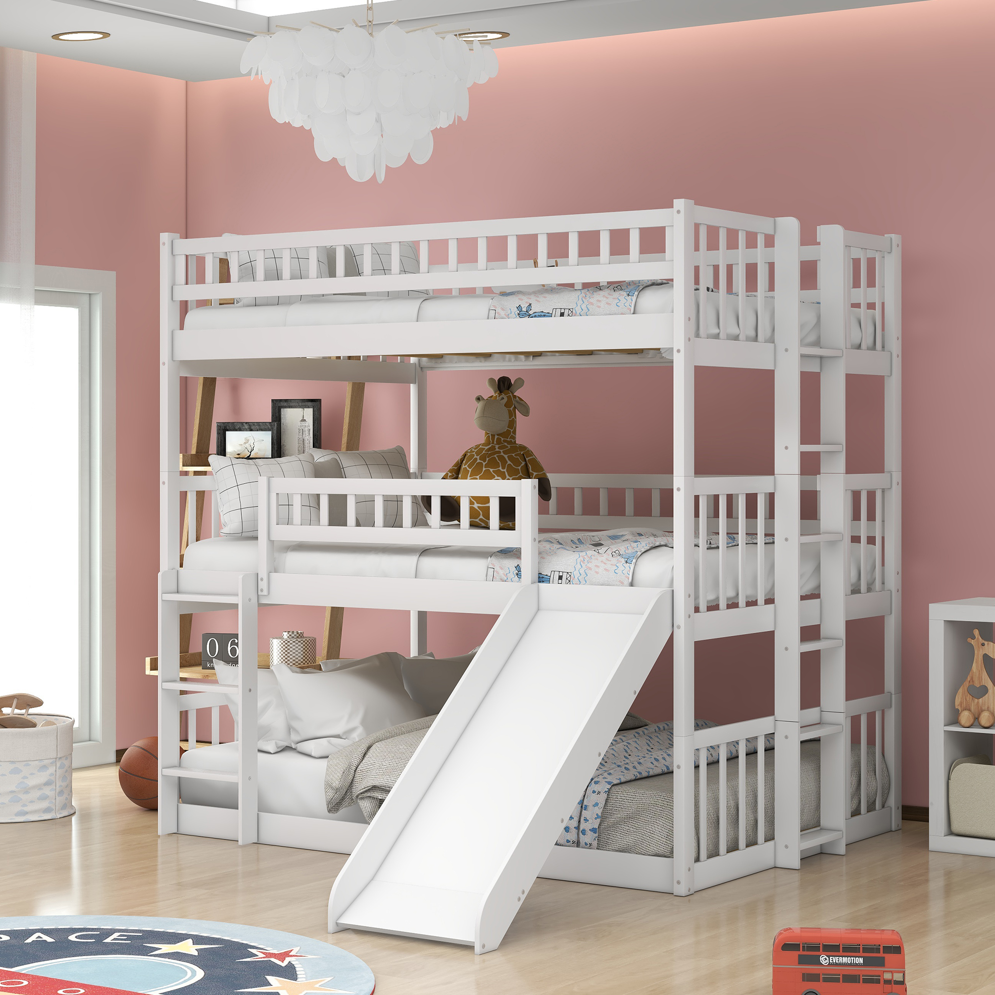 Full-Over-Full-Over-Full Triple Bed with Built-in Ladder and Slide , Triple Bunk Bed with Guardrails, White(OLD SKU :LP000052AAK)-Boyel Living