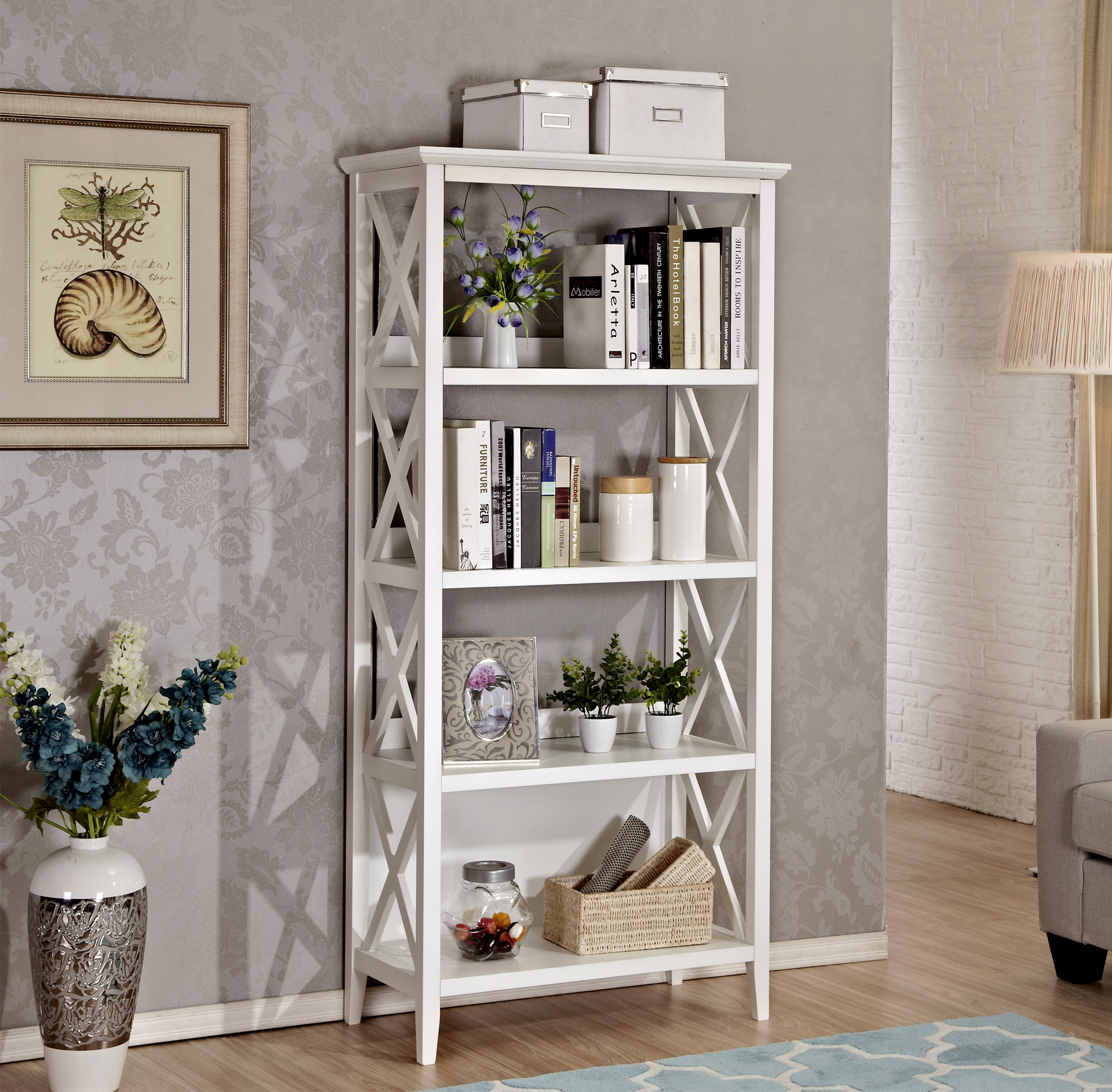 4 Tier Bookcases, 67&lsquo;&rsquo; Bookshelf with Sturdy Solid Frame, Shelves for Home and Office Organizer, White-Boyel Living