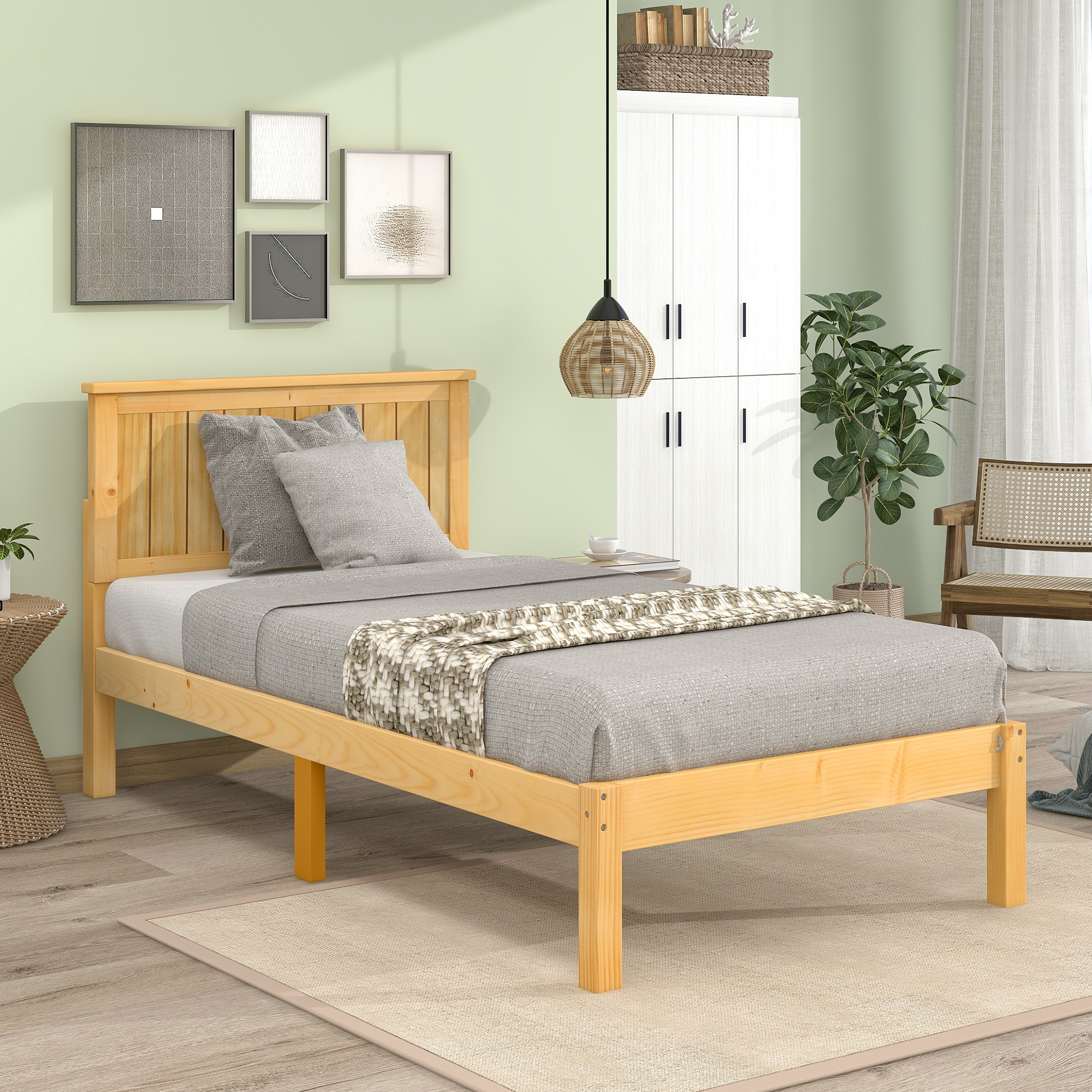 Platform Twin Bed with Headboard,Natural