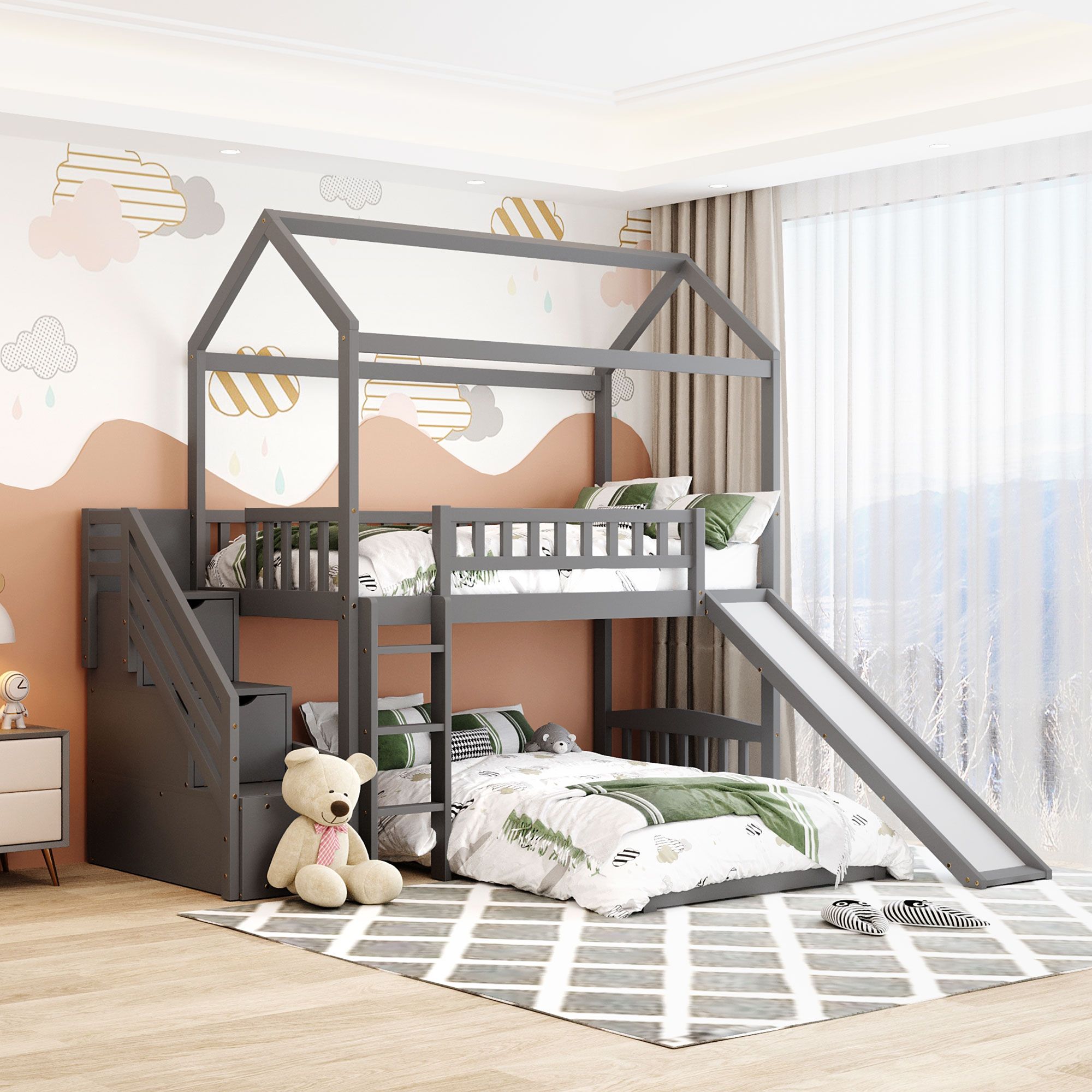 Twin Over Twin Bunk Bed with Two Drawers and Slide, House Bed with Slide, White(OLD SKU :LP000129AAE)-Boyel Living