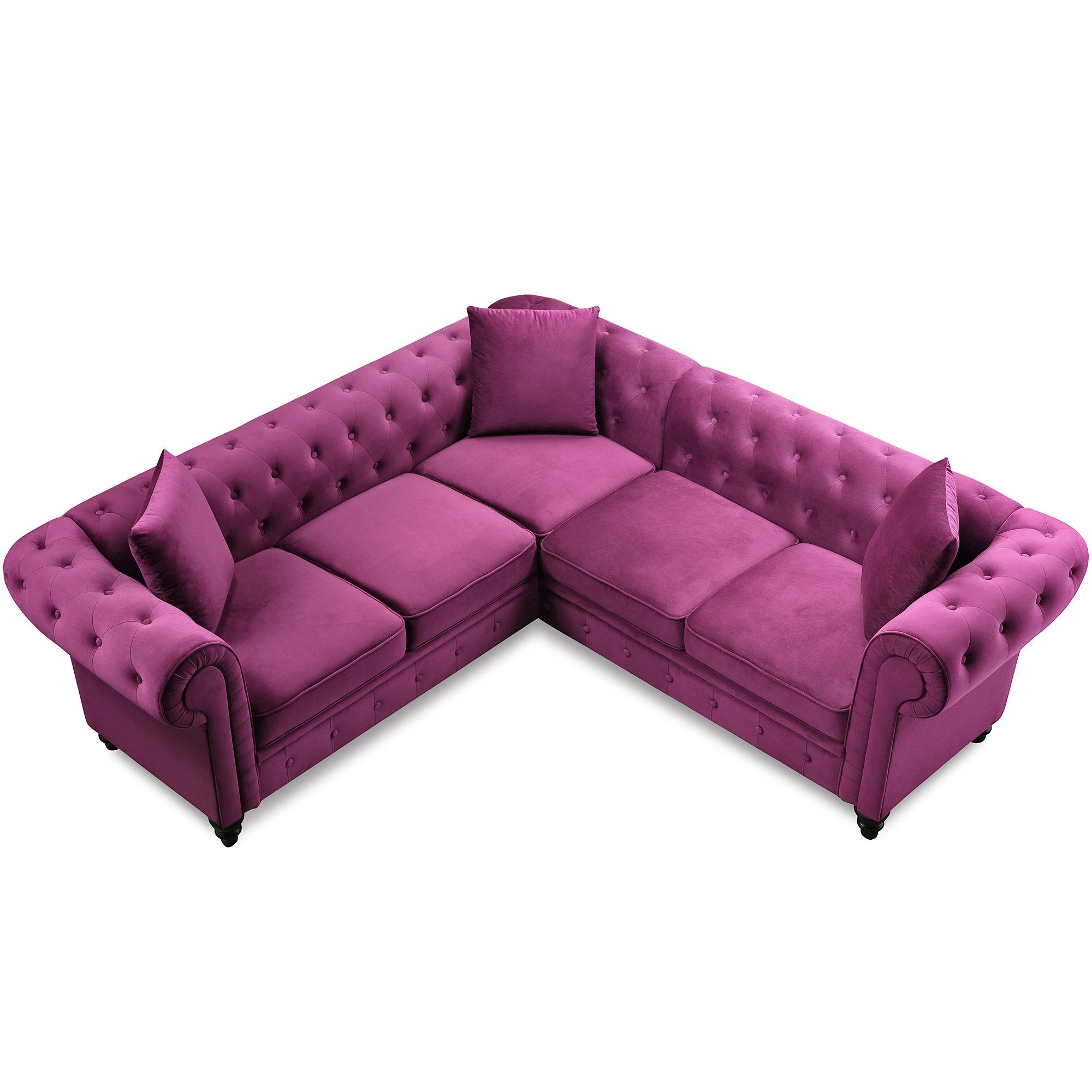80*80*28" Tufted Velvet Upholstered Rolled Arm Classic Chesterfield Sectional Low Back Sofa 3 Pillows Included-Purple-Boyel Living