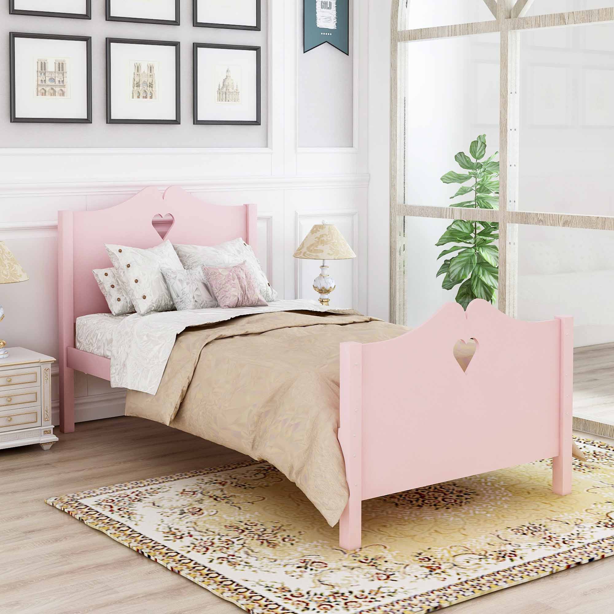 Twin Size Wood Platform Bed with Headboard,Footboard and Wood Slat Support  (Pink)-Boyel Living