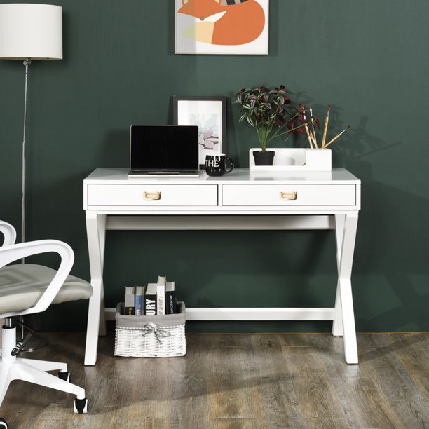 Modern X-base Writing Desk, Two-Drawer Makeup Vanity Table, white-Boyel Living