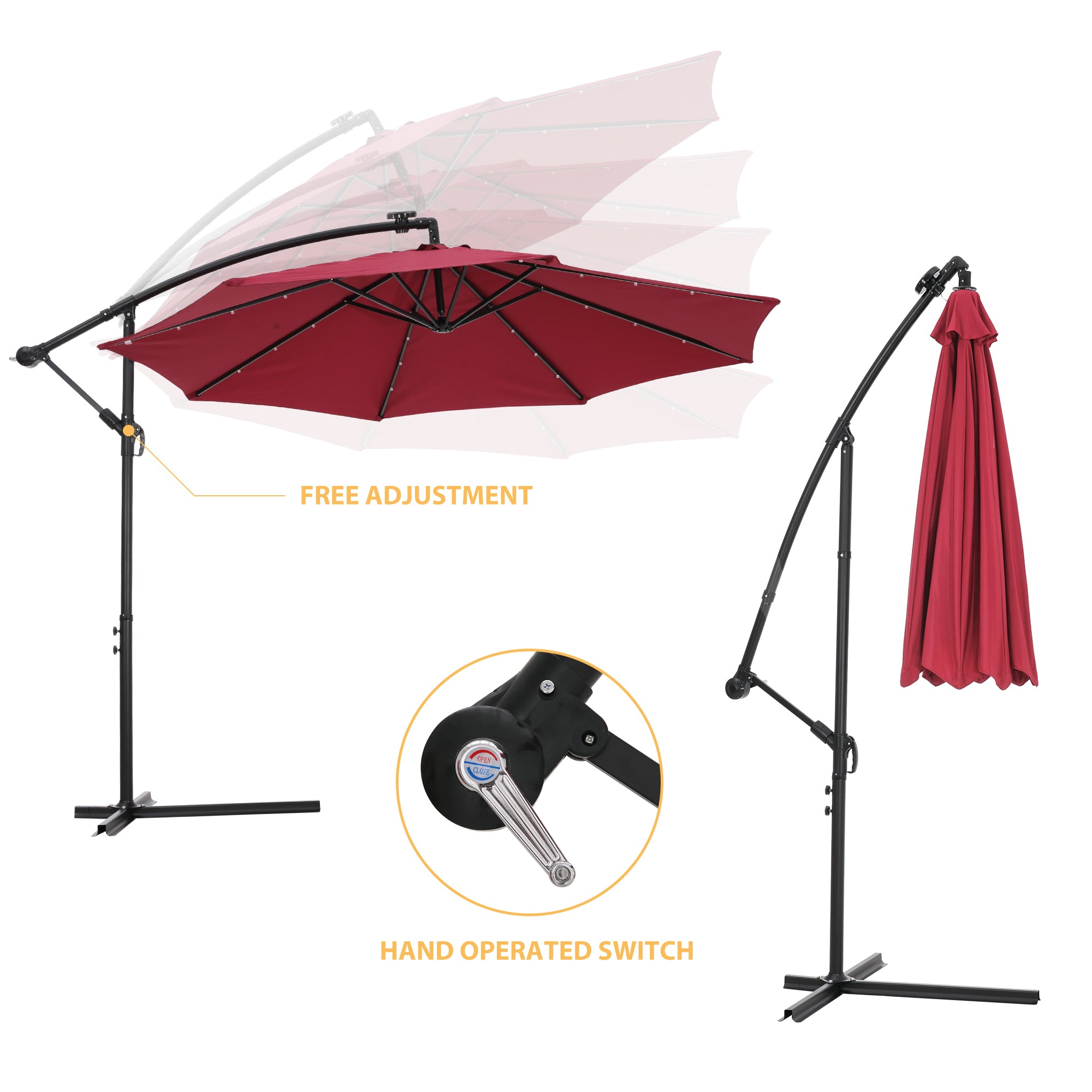 10 FT Solar LED Patio Outdoor Umbrella Hanging Cantilever Umbrella Offset Umbrella Easy Open Adustment with 24 LED Lights - Burgundy-Boyel Living