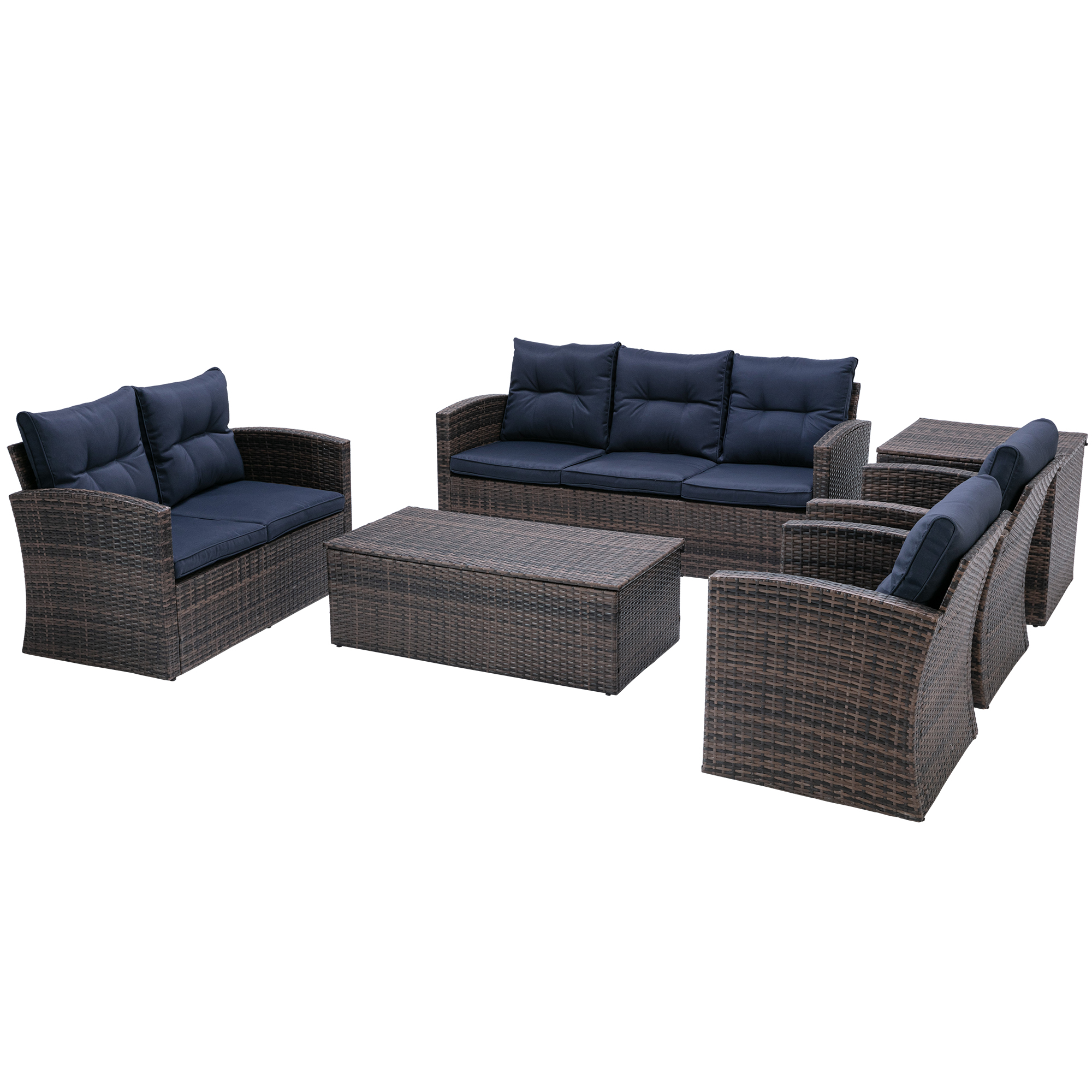 6 PCS Rattan Sectional Set and Table with Storage in Brown, Navy Blue Cushions-Boyel Living