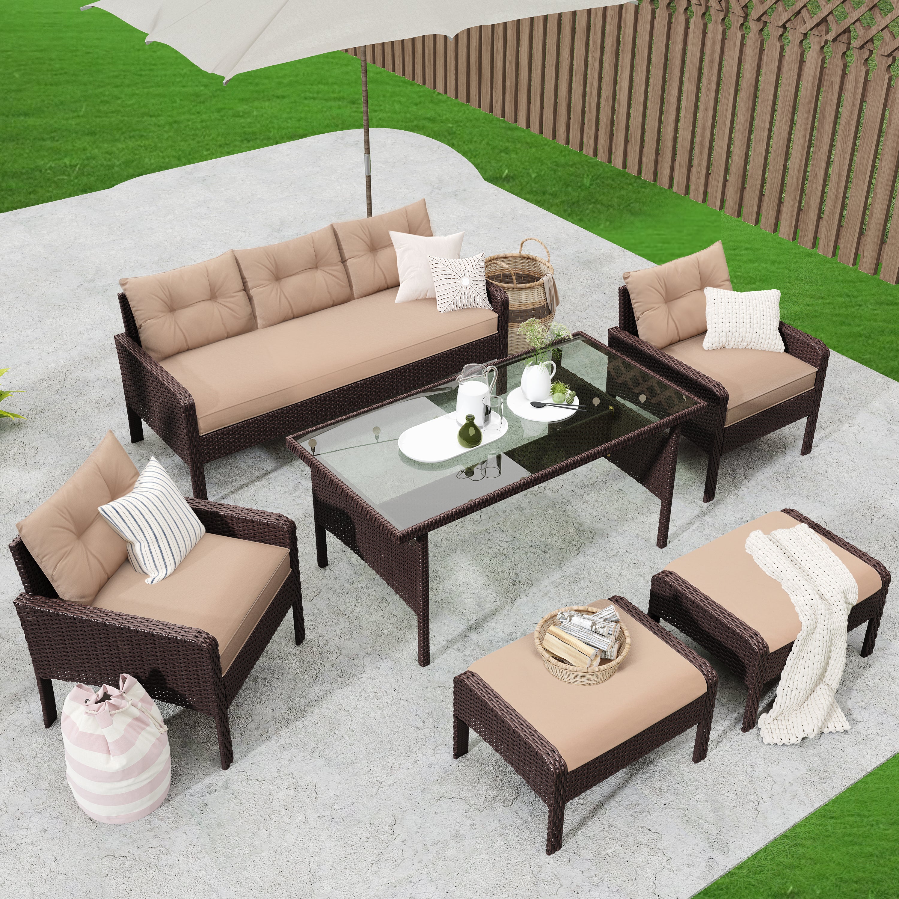 6-Piece Outdoor Patio PE Wicker Rattan Sofa Set with Cushions and Tea Table,Brown Wicker+Light Coffee Cushion-Boyel Living