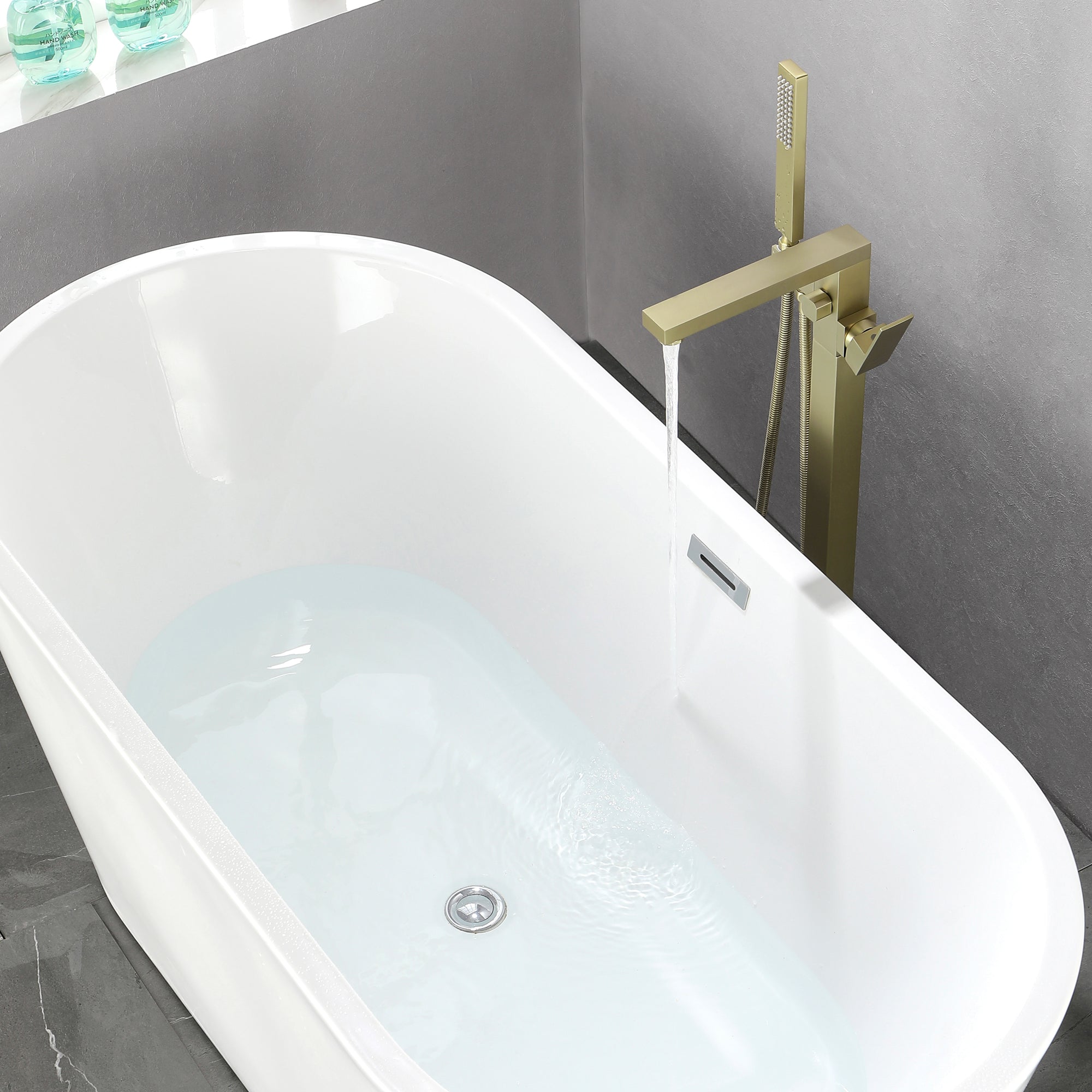  Freestanding Floor Mount Single Handle Bath Tub Filler Faucet with Handheld Shower in Brushed Gold-Boyel Living