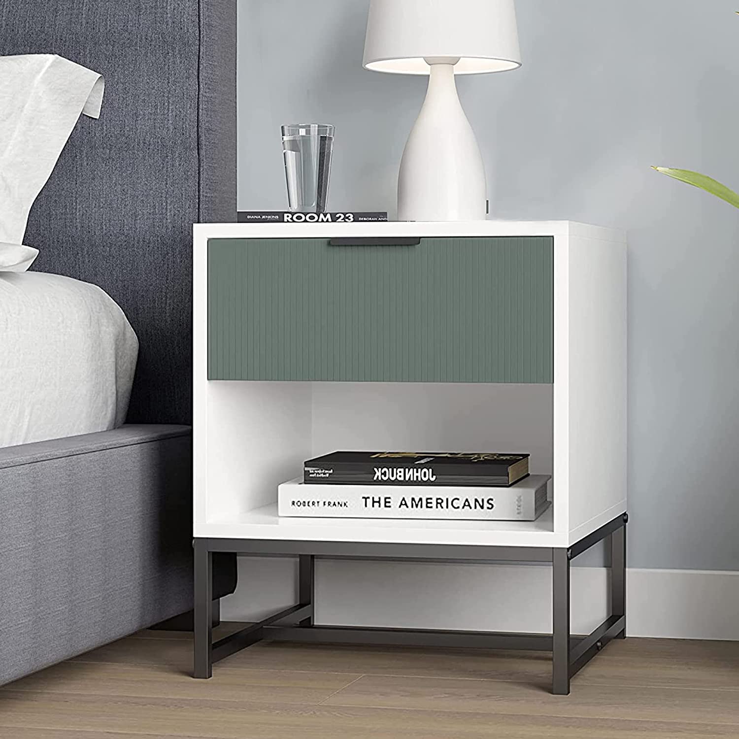 Modern Nightstands, Bedroom Side Table Tall End Table, Solid Wood Bedside Table, Drawer Storage Cabinet with Shelf, Sturdy Steel Frame, 220Lbs Weight Capacity, Easy Assembly, White  Green-Boyel Living