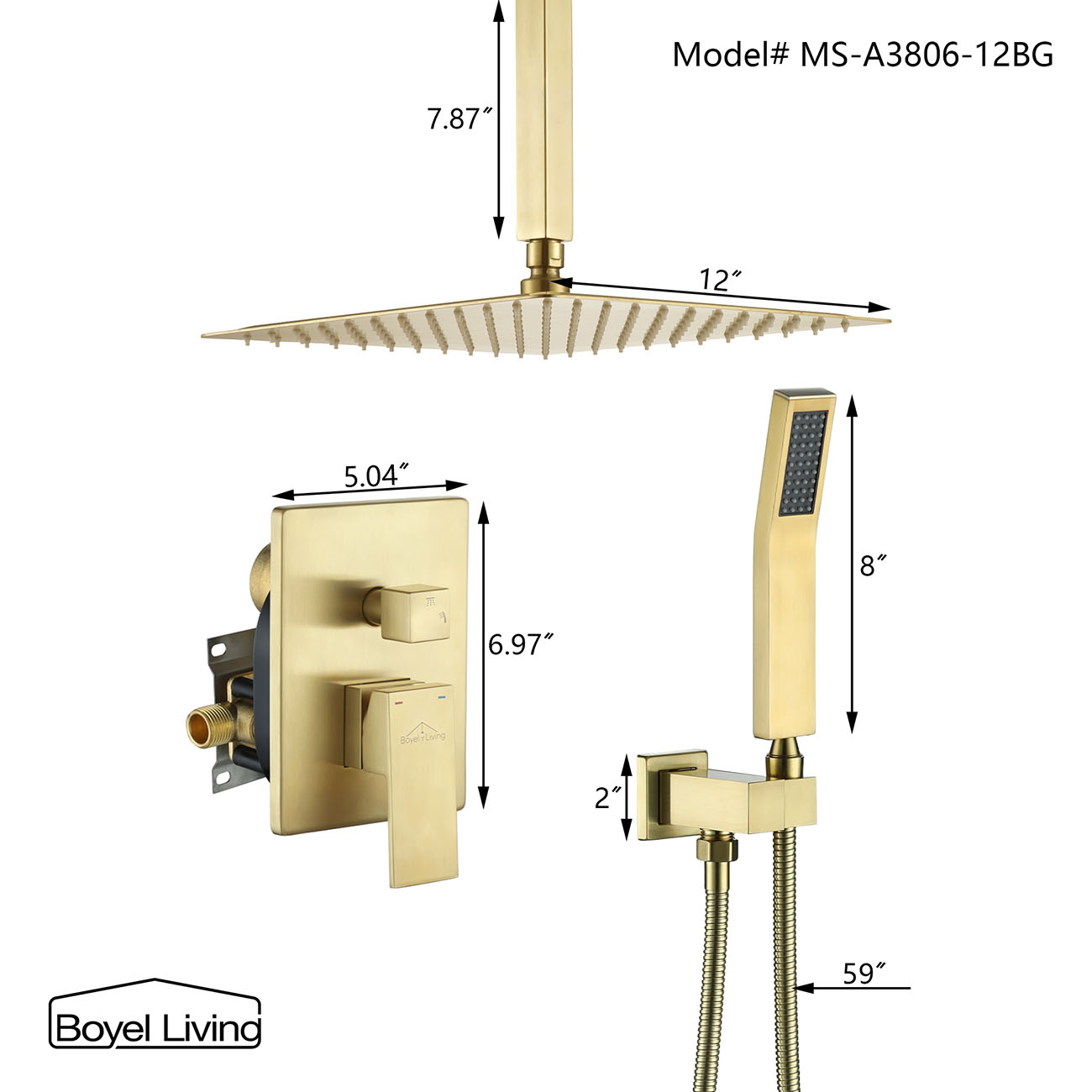 Boyel Living 12-inch Ceiling Mount Dual Shower Heads System Dimensions-Boyel Living