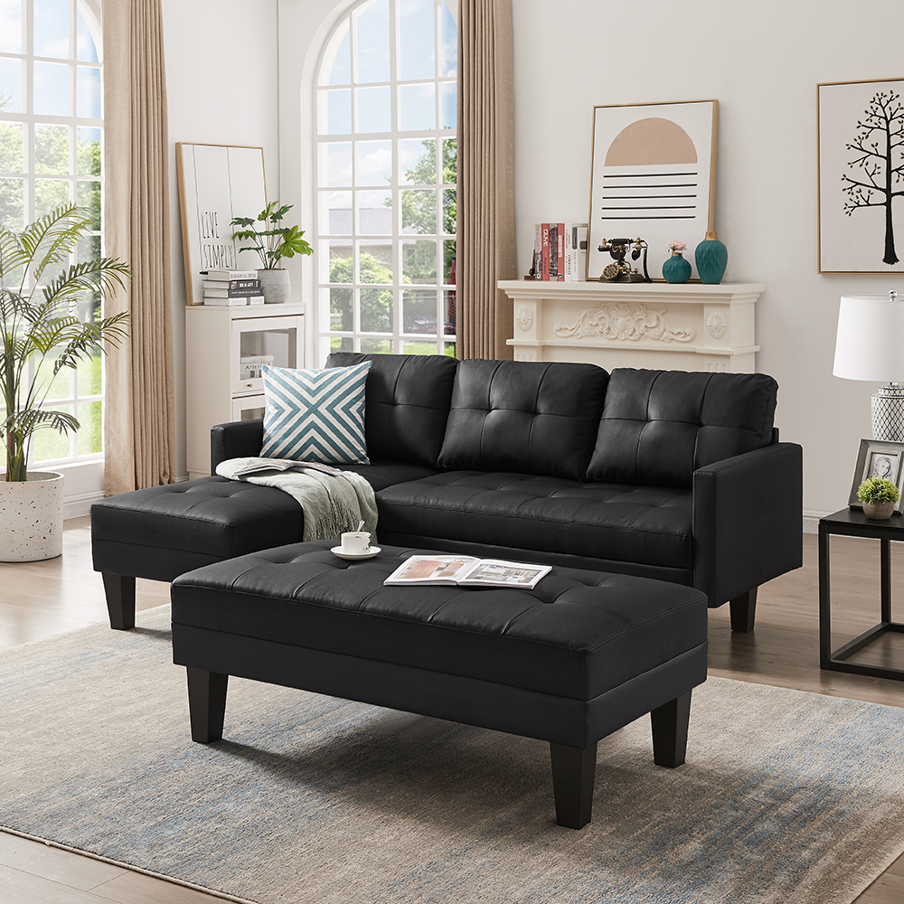 Faux Leather Sectional sofa bed , L-shape Sofa Chaise Lounge with Ottoman Bench-Boyel Living