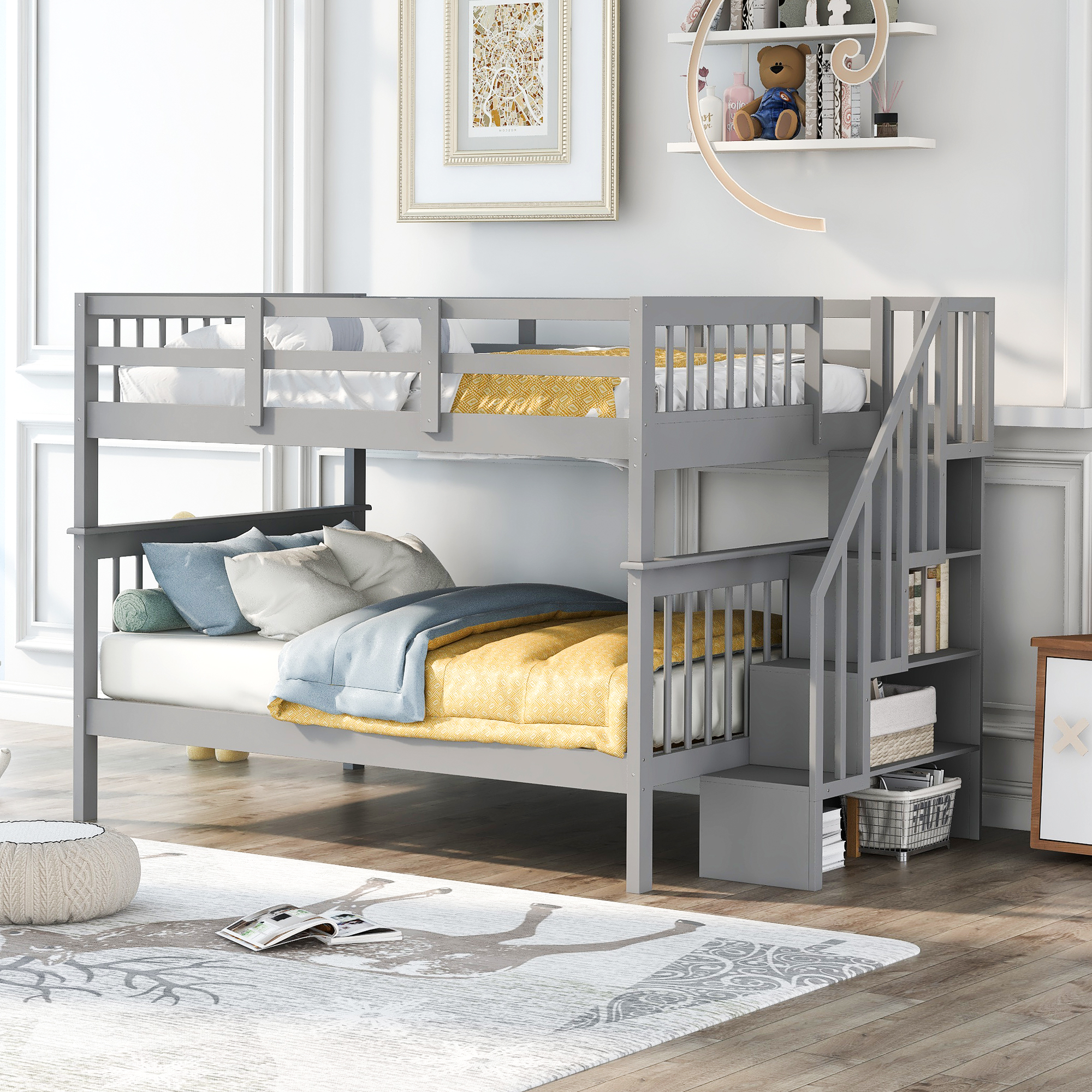 Stairway Full-Over-Full Bunk Bed with Storage and Guard Rail for Bedroom, Dorm, Gray color(Old SKU: LP000110AAE)-Boyel Living