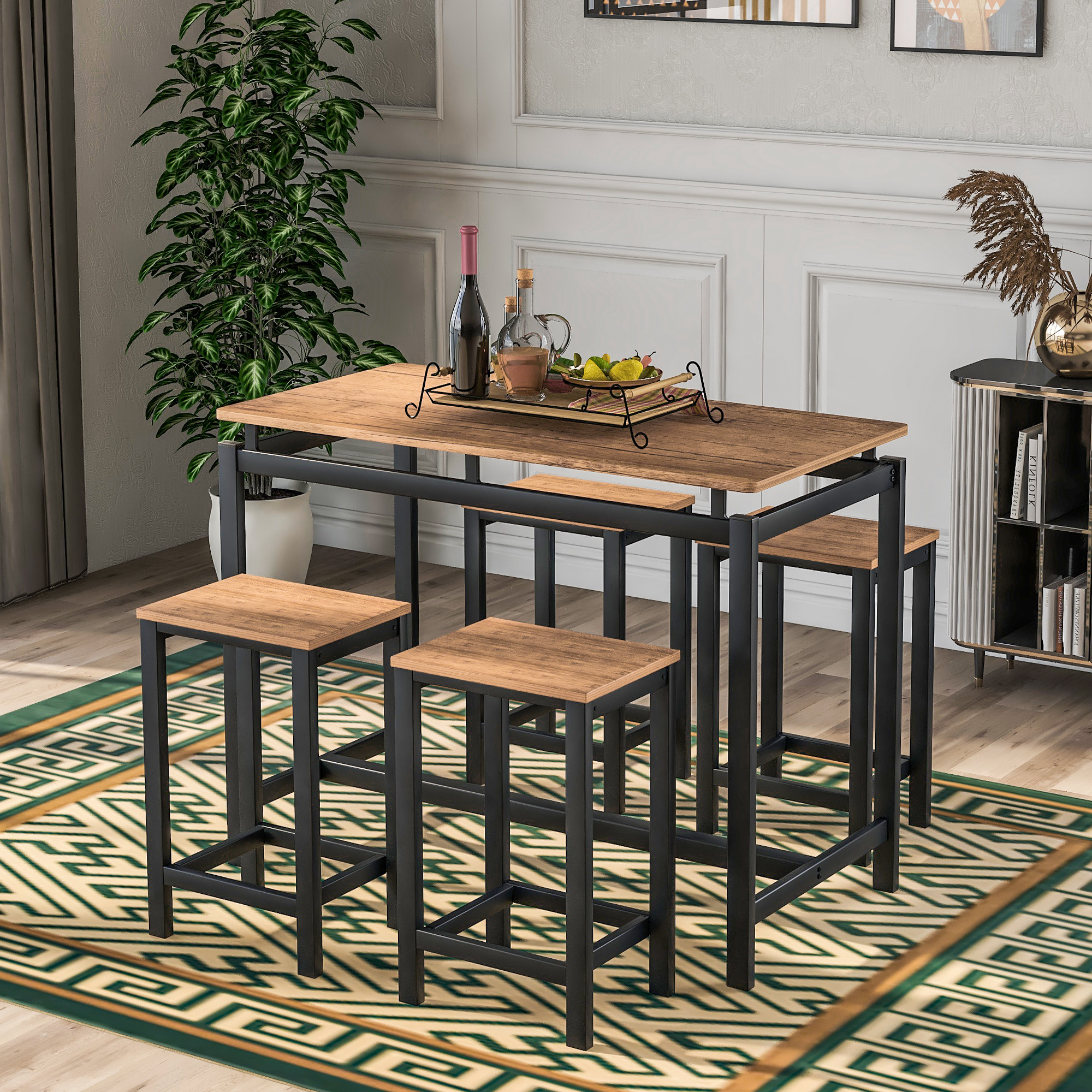  5-Piece Kitchen Counter Height Table Set, Industrial Dining Table with 4 Chairs (Brown)-Boyel Living