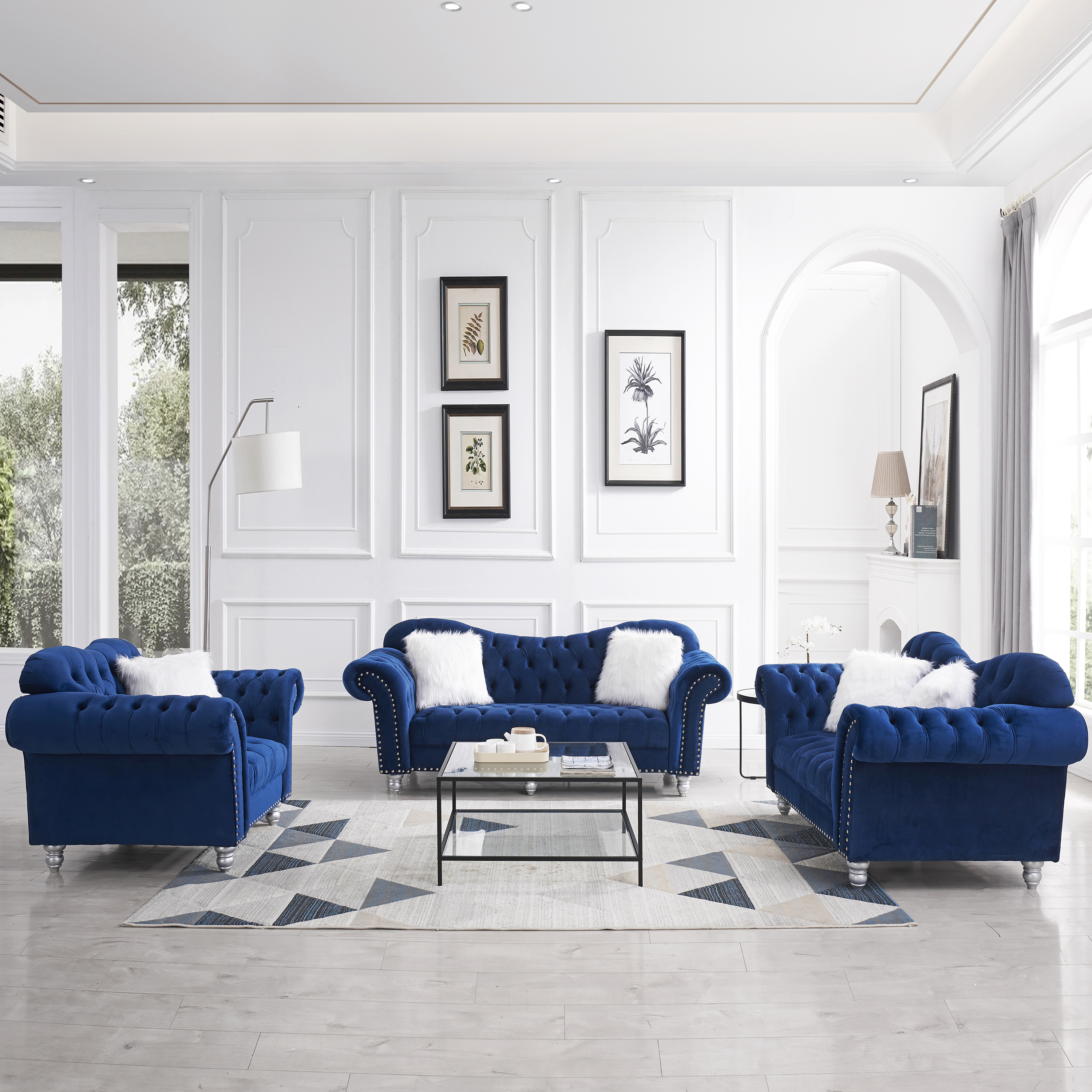3 Piece Living Room Sofa Set, including 3-Seater Sofa, Loveseat and Sofa Chair, with Button and Copper Nail on Arms and Back, Five White Villose Pillow, Blue.-Boyel Living