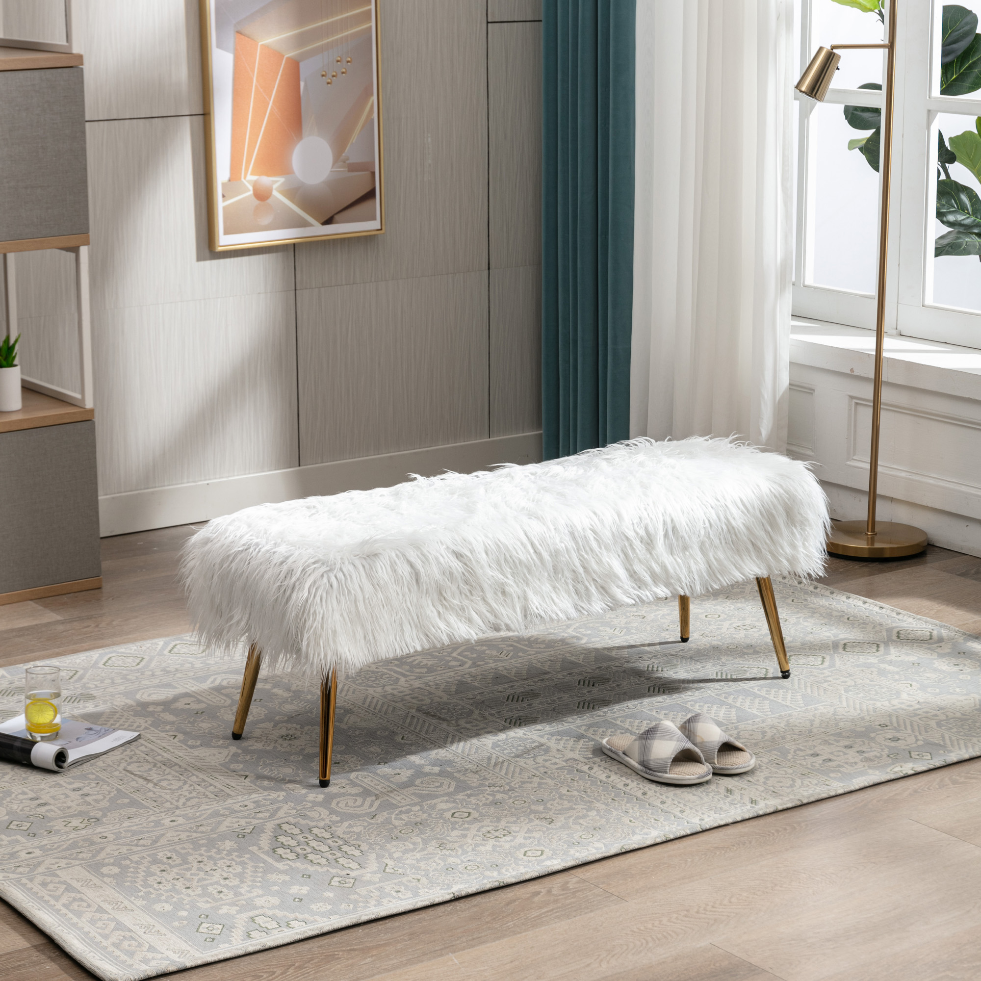 HengMing Faux Fur Plush Ottoman Bench, Modern Fluffy Upholstered Bench for Entryway Dining Room Living Room Bedroom, White