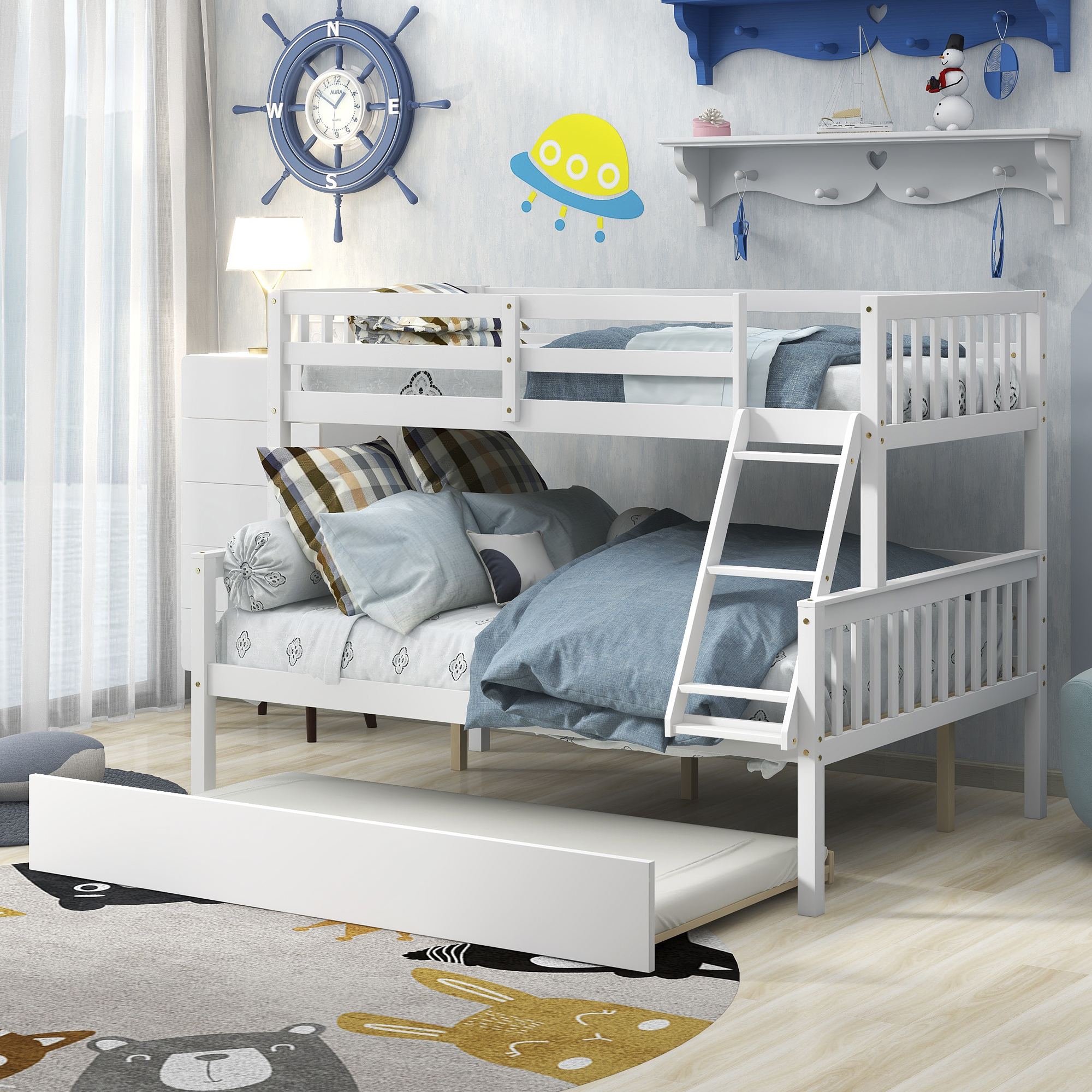 Twin Over Full Bunk Bed with Trundle, Convertible into 2 Beds, the Bunk Bed with Ladder and Safety Rails for Kids, Teens, Adults, White-Boyel Living