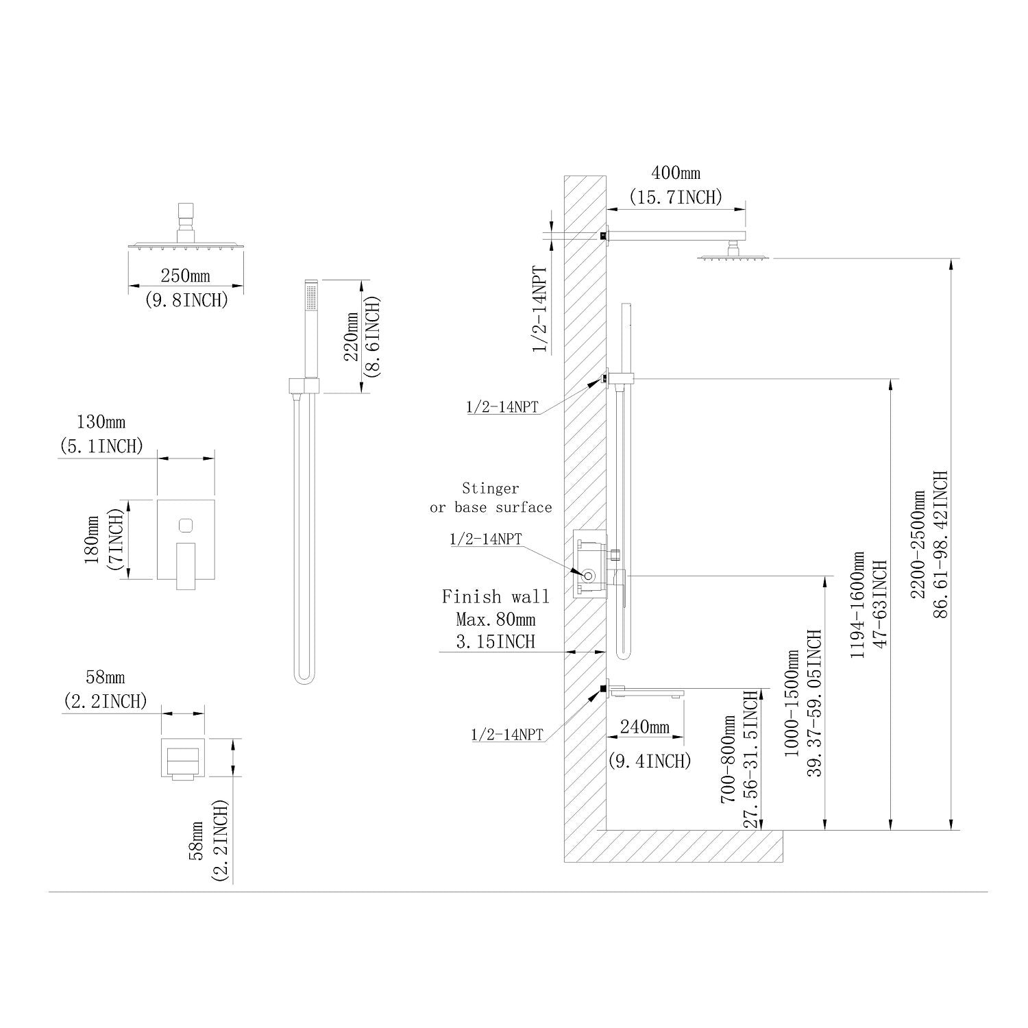 Shower System 10 Inch Square Bathroom Luxury Rain Mixer Shower Combo Set-Boyel Living