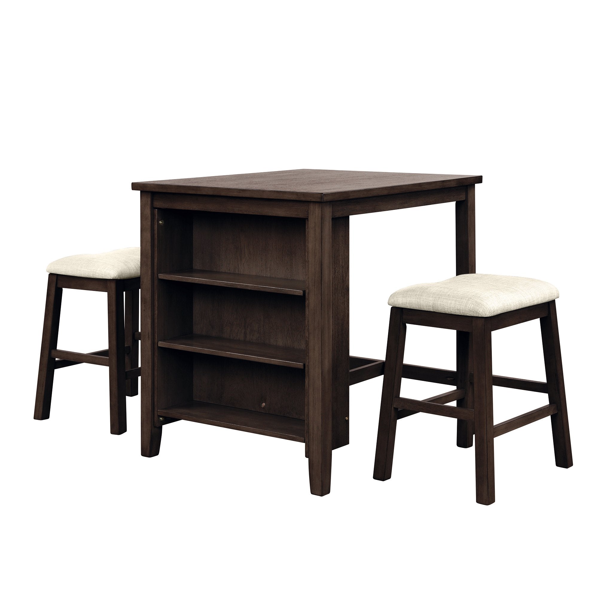 3 Piece Square Dining Table with Padded Stools, Table Set with Storage Shelf,Brown-Boyel Living