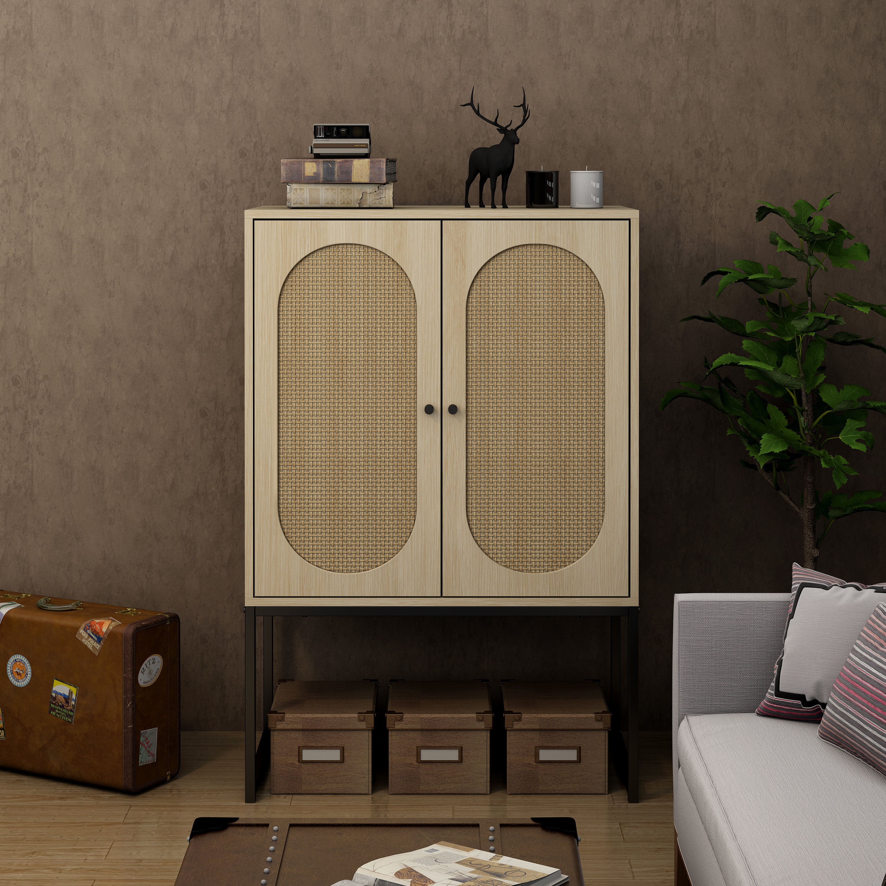 Allen 2 Door high cabinet，rattan，Built-in adjustable shelf，Easy Assembly，Free Standing Cabinet for Living Room Bedroom-Boyel Living