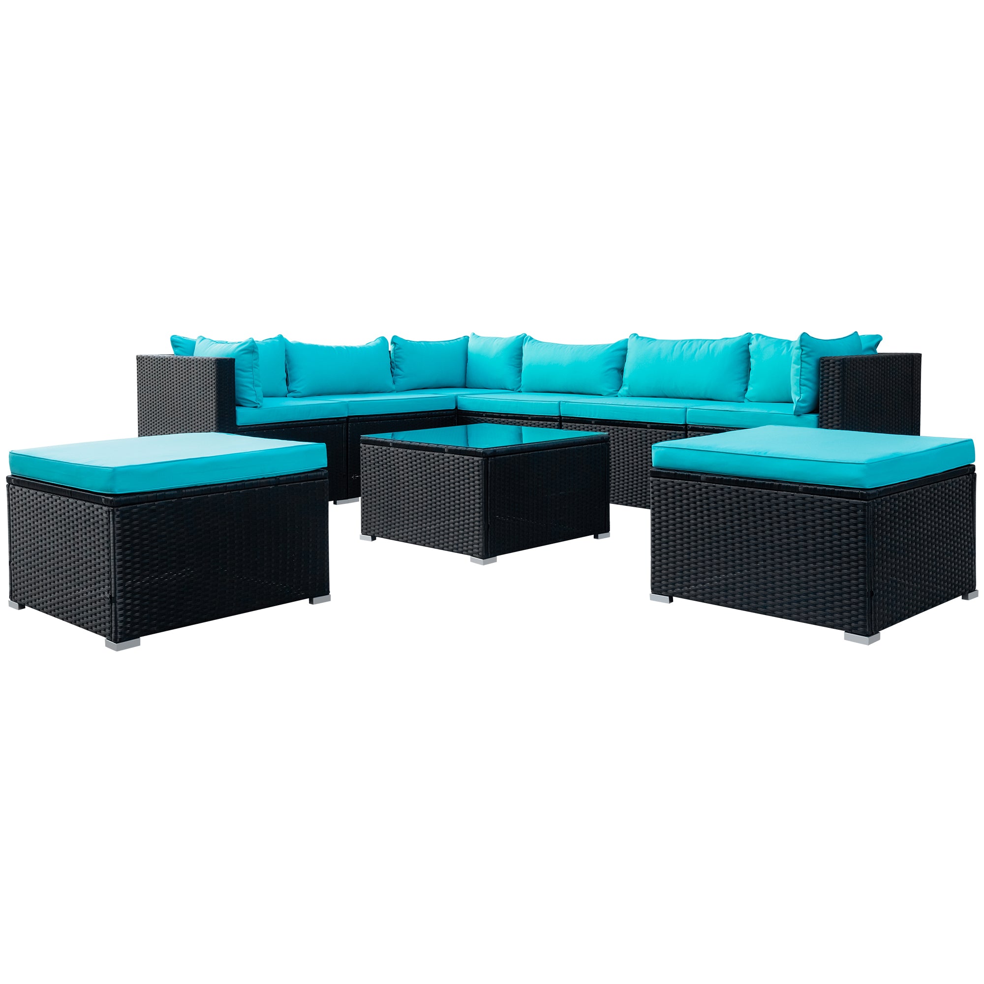 9-piece Outdoor Patio PE Wicker Rattan conversation Sectional Sofa sets (Black wicker, Blue cushion)-Boyel Living