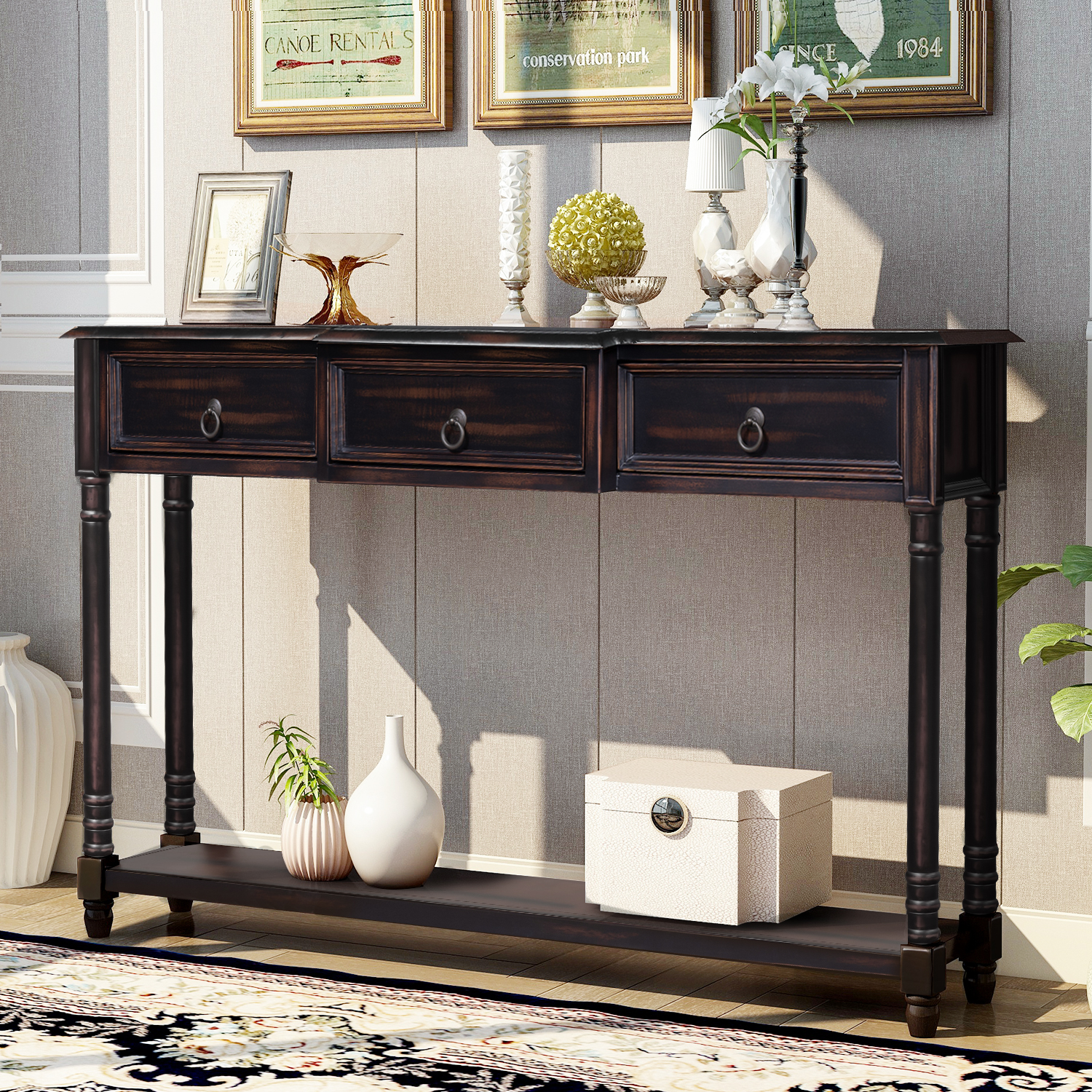 Console Table Sofa Table with Drawers for Entryway with Projecting Drawers and Long Shelf (Espresso)-Boyel Living