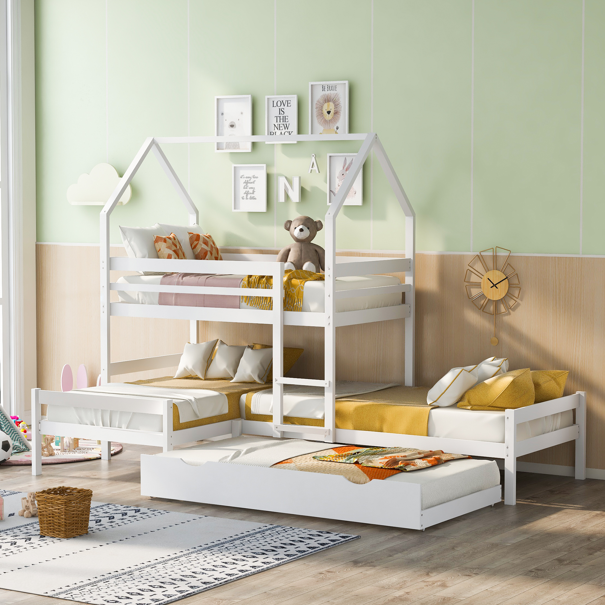 Triple Bed Twin over Twin over Twin Triple Bed Bunk bed with Trundle, Wooden House Bed with Twin size Trundle - White(Old SKU: LP000079AAK)-Boyel Living