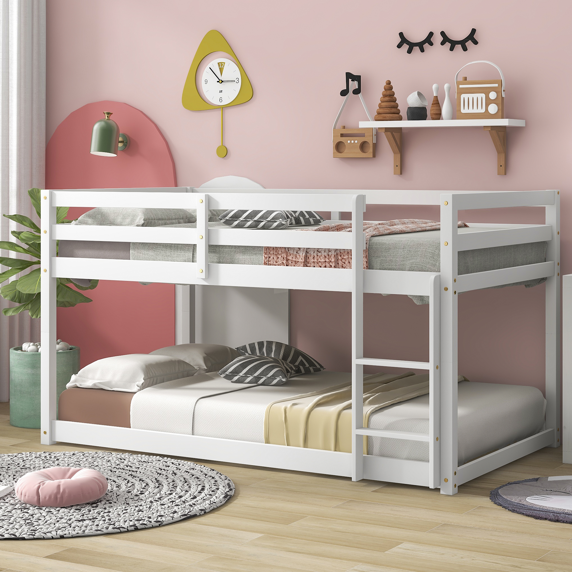 Twin over Twin Floor Bunk Bed, White-Boyel Living