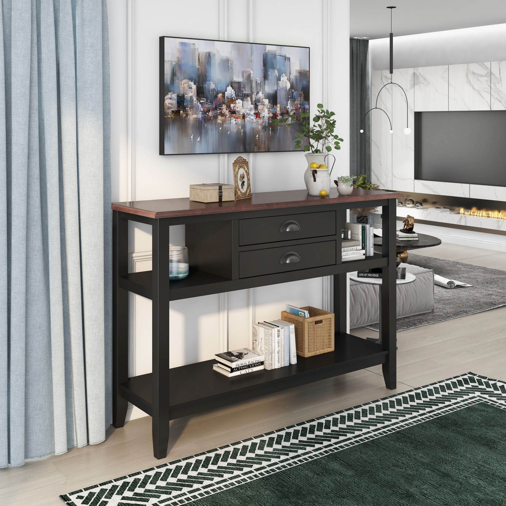 Color-matched Console Table with 2 Drawers and Open Shelves for Living Room, Entryway (Black+Walnut)-Boyel Living