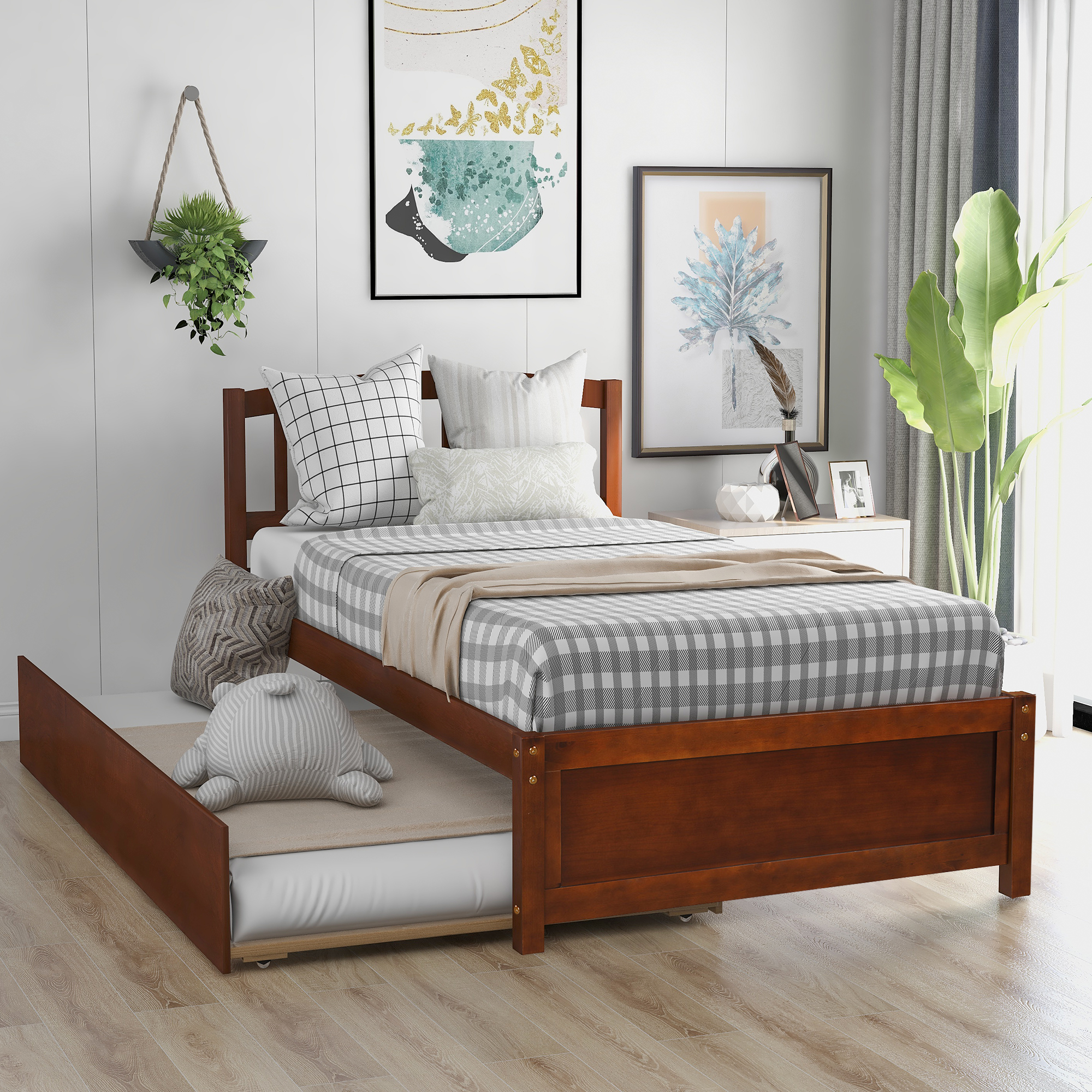 Twin size Platform Bed Wood Bed Frame with Trundle, Walnut-Boyel Living