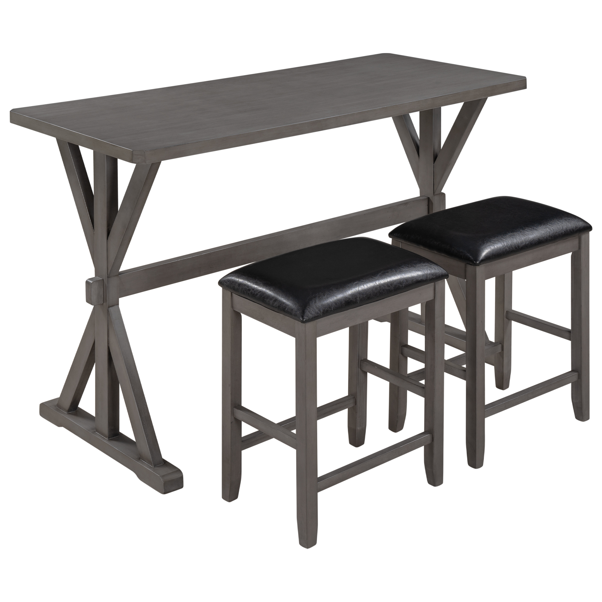  3-Piece Counter Height Wood Kitchen Dining Table Set with 2 Stools for Small Places, Gray Finish+Black Cushion-Boyel Living