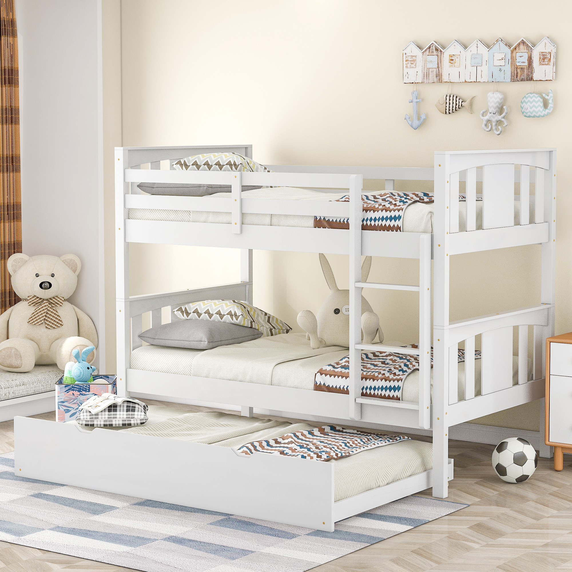 Twin over Twin Bunk Bed with Trundle and Ladder forTeens Bedroom, Guest Room Furniture-White-Boyel Living