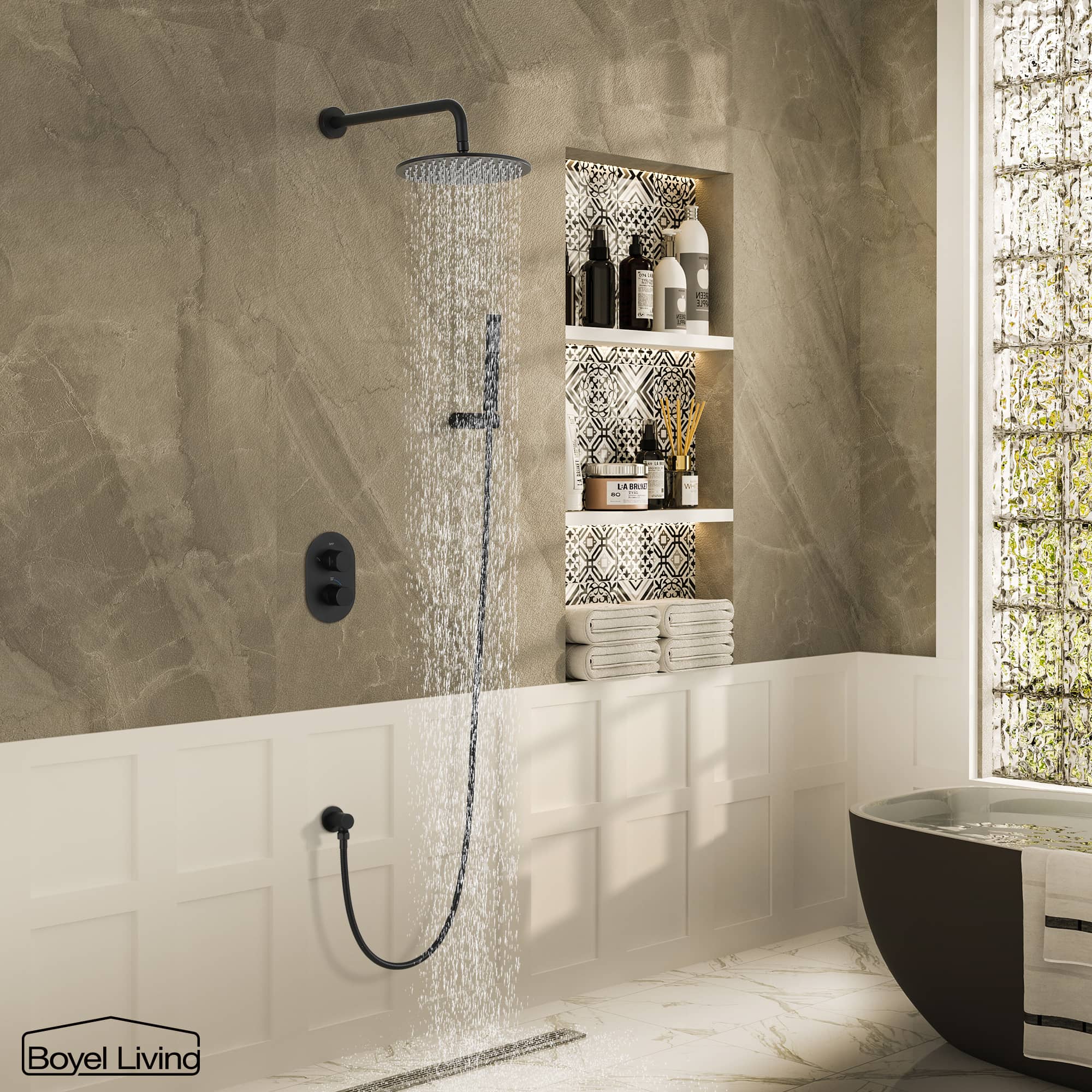 Boyel Living Wall-Mounted Round Bathroom Shower Faucets Set with 1.5 GPM Handheld Shower in Matte Black-Boyel Living